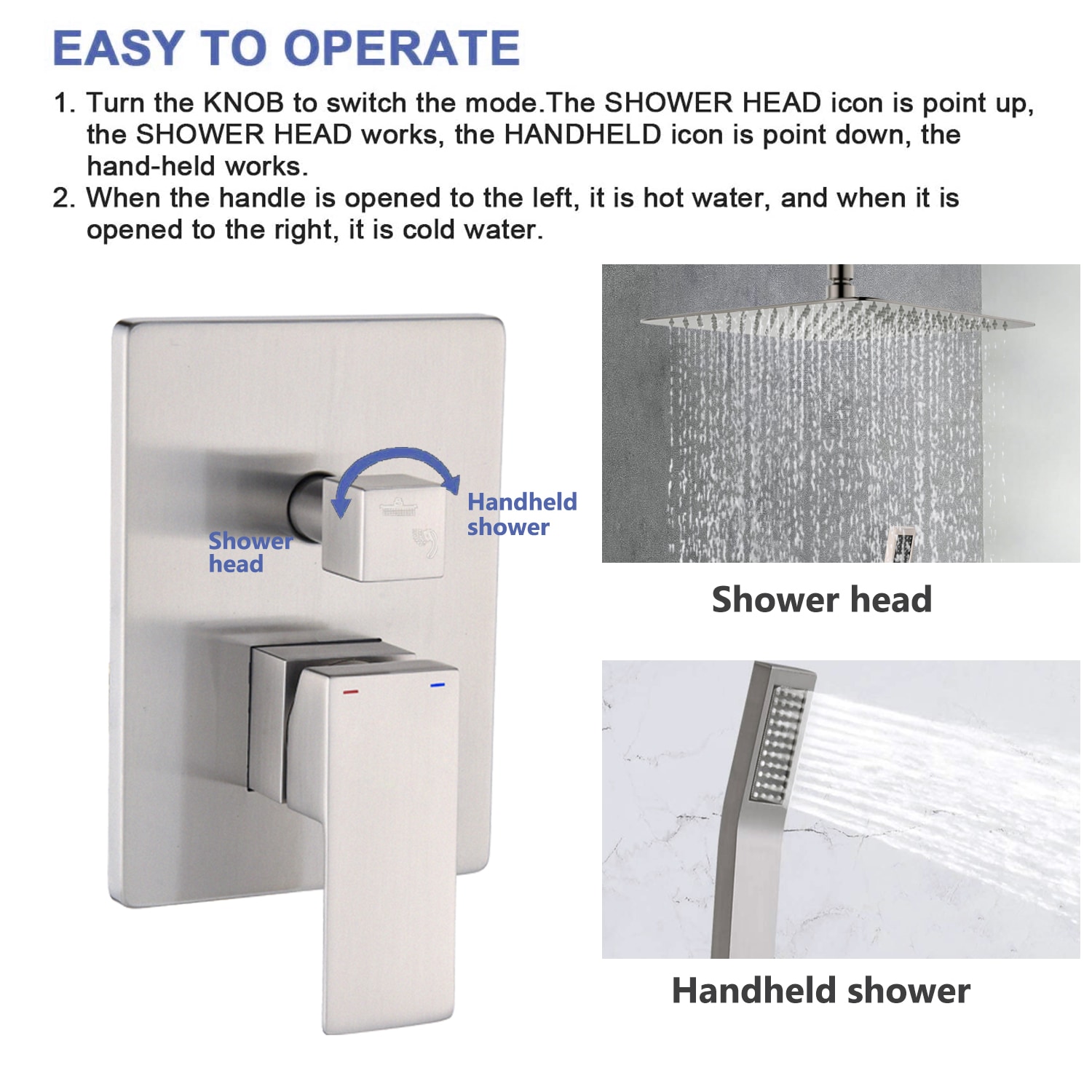 WELLFOR DT Brushed Nickel 12-in Built-In Shower Faucet System with 2-way  Diverter (Ceramic Disc Valve Included)