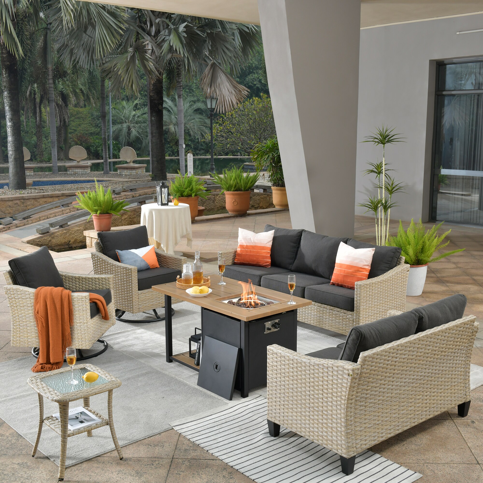 XIZZI XIDARL1064-RC3DFP Aries 6-Piece Rattan Patio Sofa Conversation Set with Black Cushions