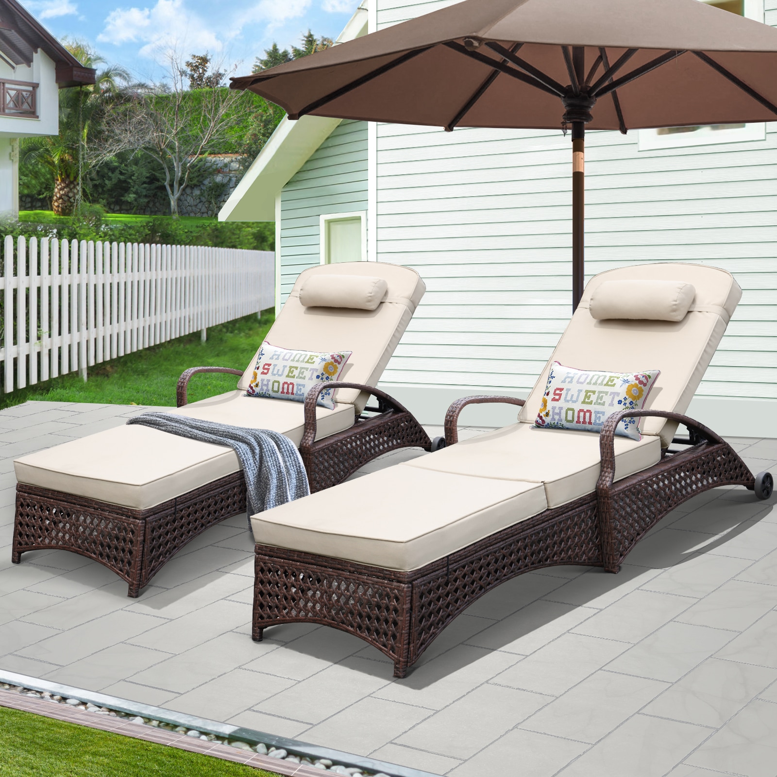 NOBLEMOOD LS-2013KH-2 Patio Chairs Set of 2 Rattan Brown Metal Frame Stationary Chaise Lounge Chair with Beige Cushioned Seat
