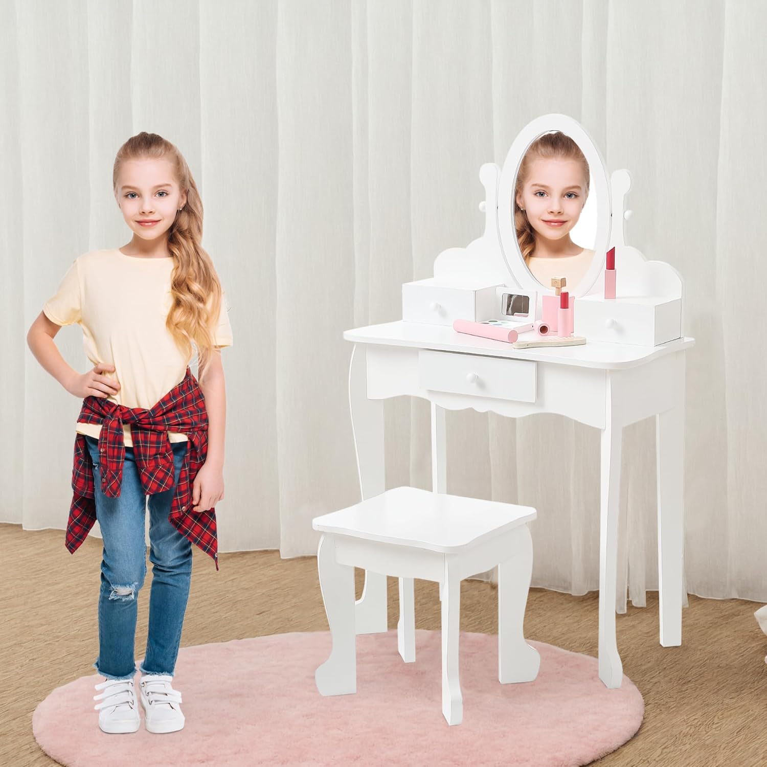 Qeetex LHF-SZT-PHO-336UPX6R Kids Vanity Set with Mirror and Drawers - Princess Makeup Dressing Table and Stool Playset for Girls Ages 4-9 - Wooden Pretend Play Set for Creative Dress-Up Fun/Birthday Gifts and Room Decor - White