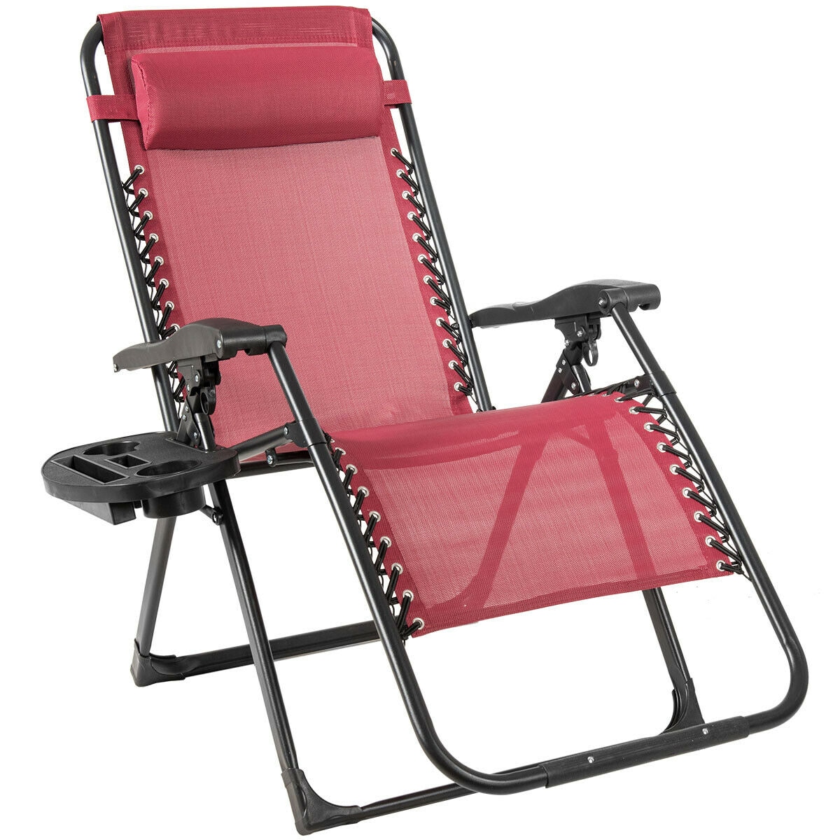 Forclover ASE-MF062 Patio Chairs Black Steel Frame Chaise Lounge Chair with Red Sling Seat