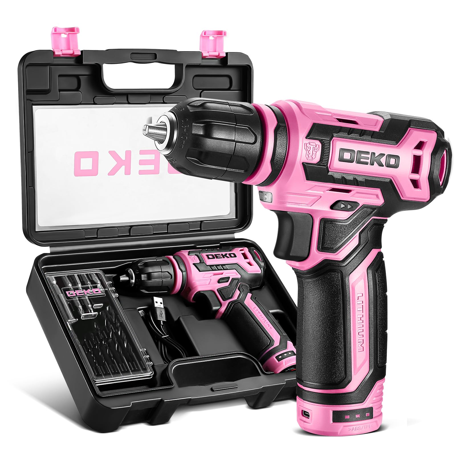 DEKOPRO 12V Power Drill Set with Pink 800RPM Electric Drills with Tool Set Gift Box