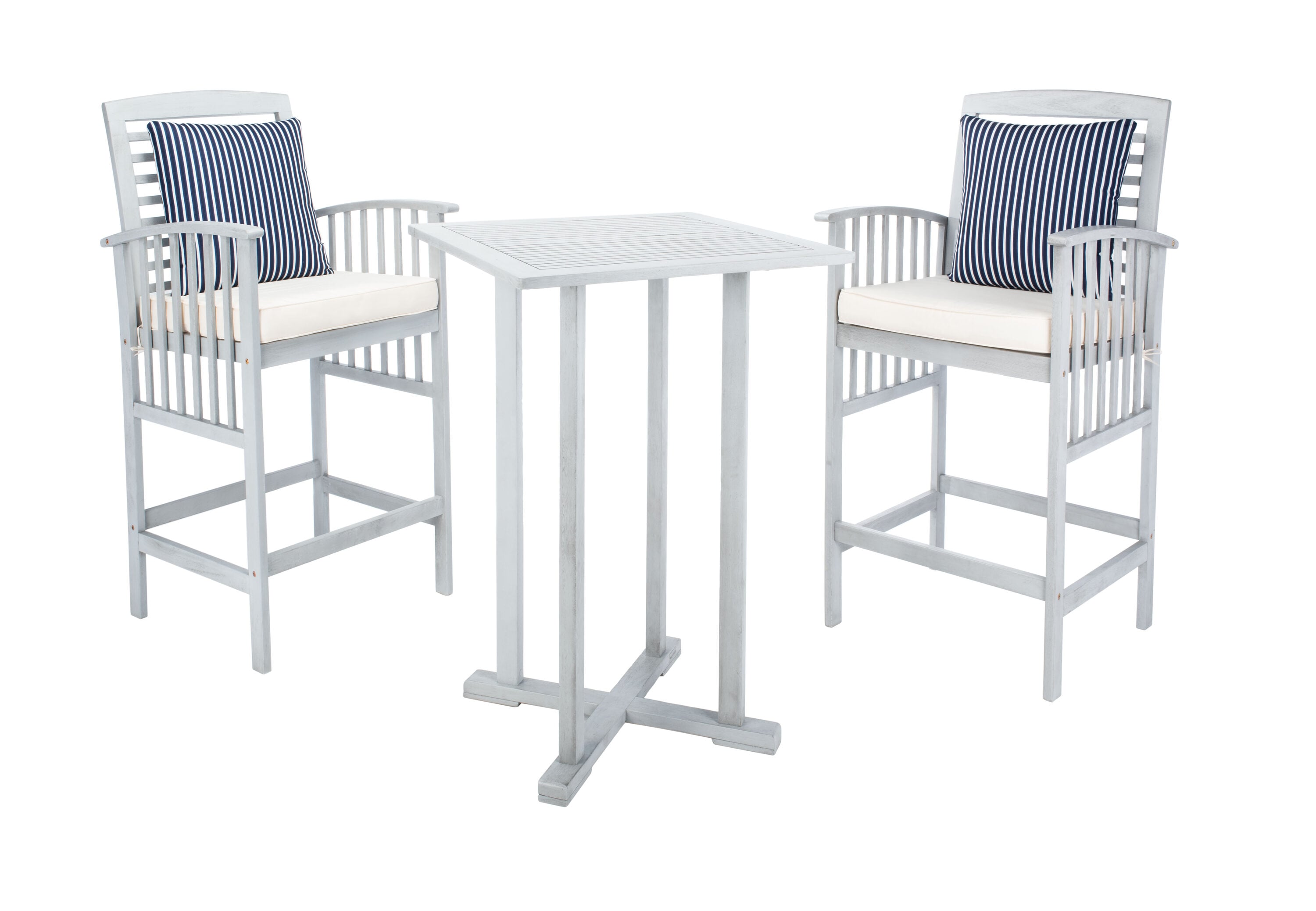 Gray Wooden 3-Piece Bar Height Bistro Set with Cushions