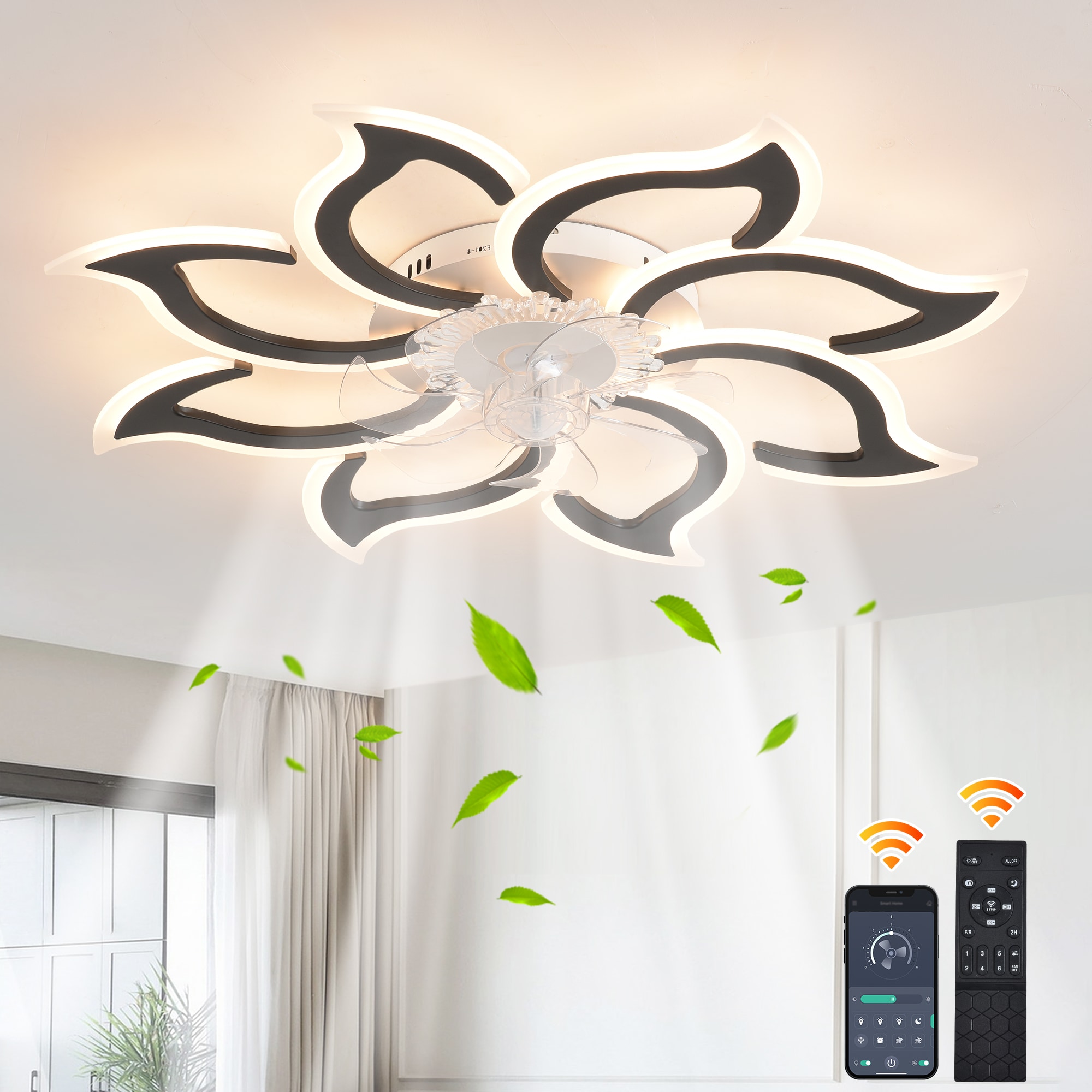 Siittoo 37.4-in Black Modern Dimmable Color-Changing LED Flush Mount Fandelier Ceiling Fan With Light and Remote Control Included