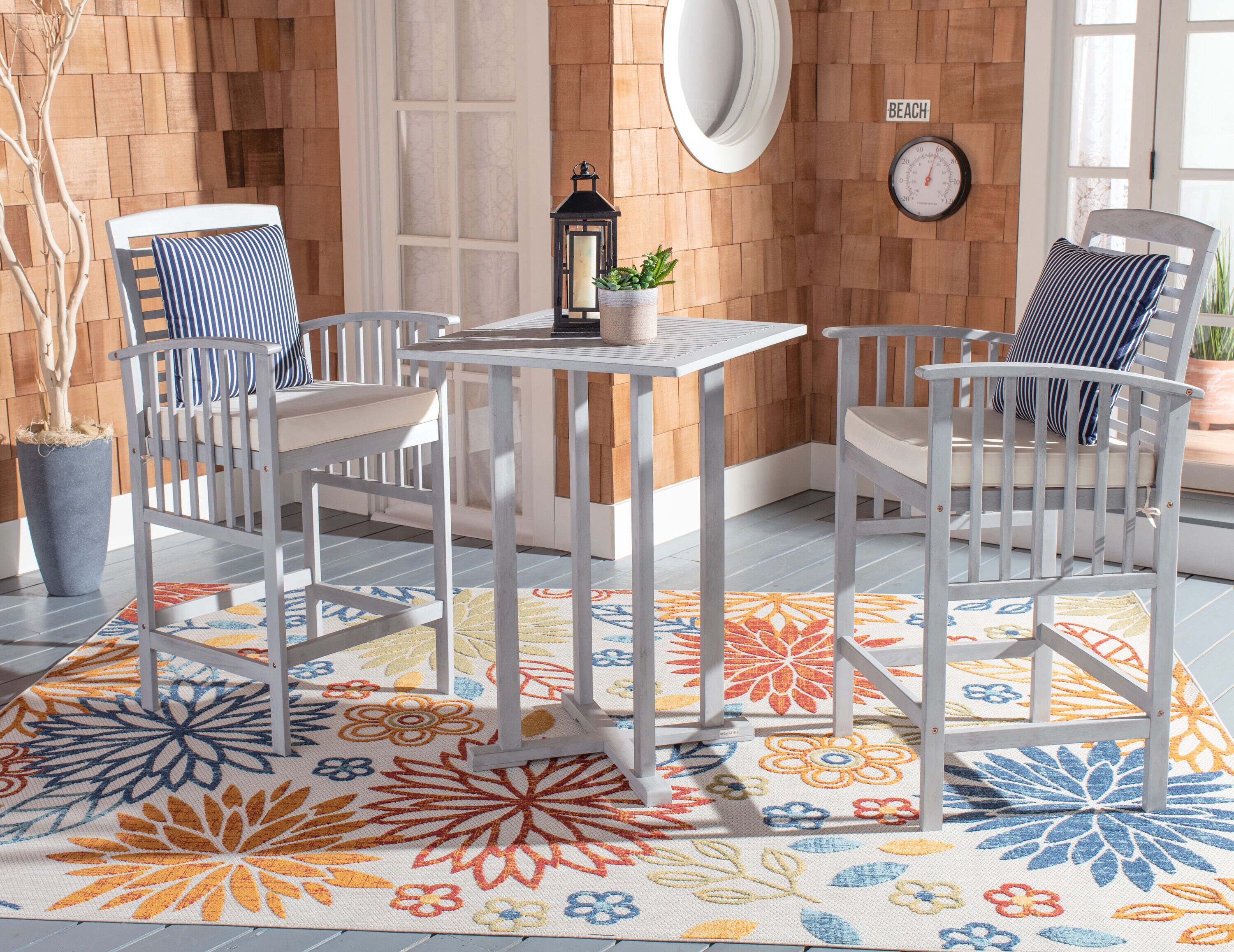Gray Wooden 3-Piece Bar Height Bistro Set with Cushions
