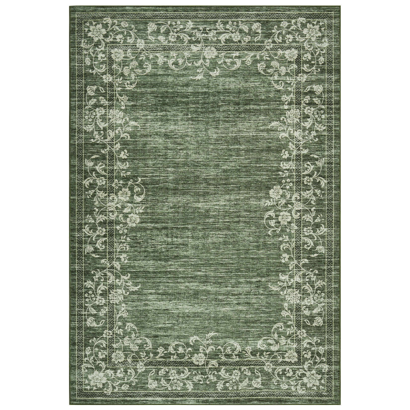Qeetex LSN-PHK-33MCWVT5 5 x 7 ft Polyester Cashmere Imitation Green Rectangular Hallway Bathroom Entryway Kitchen Office Foldable Flower Printed Modern Washable Area Rug