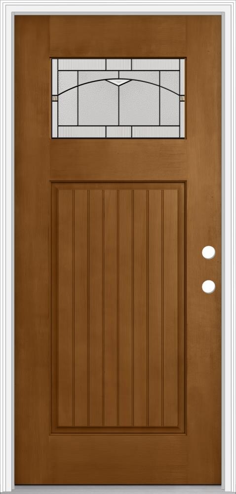JELD-WEN LOWOLJW205800127 36-in x 80-in Fiberglass Craftsman Left-Hand Inswing Oak Crest Stained Prehung Front Door with Brickmould Insulating Core