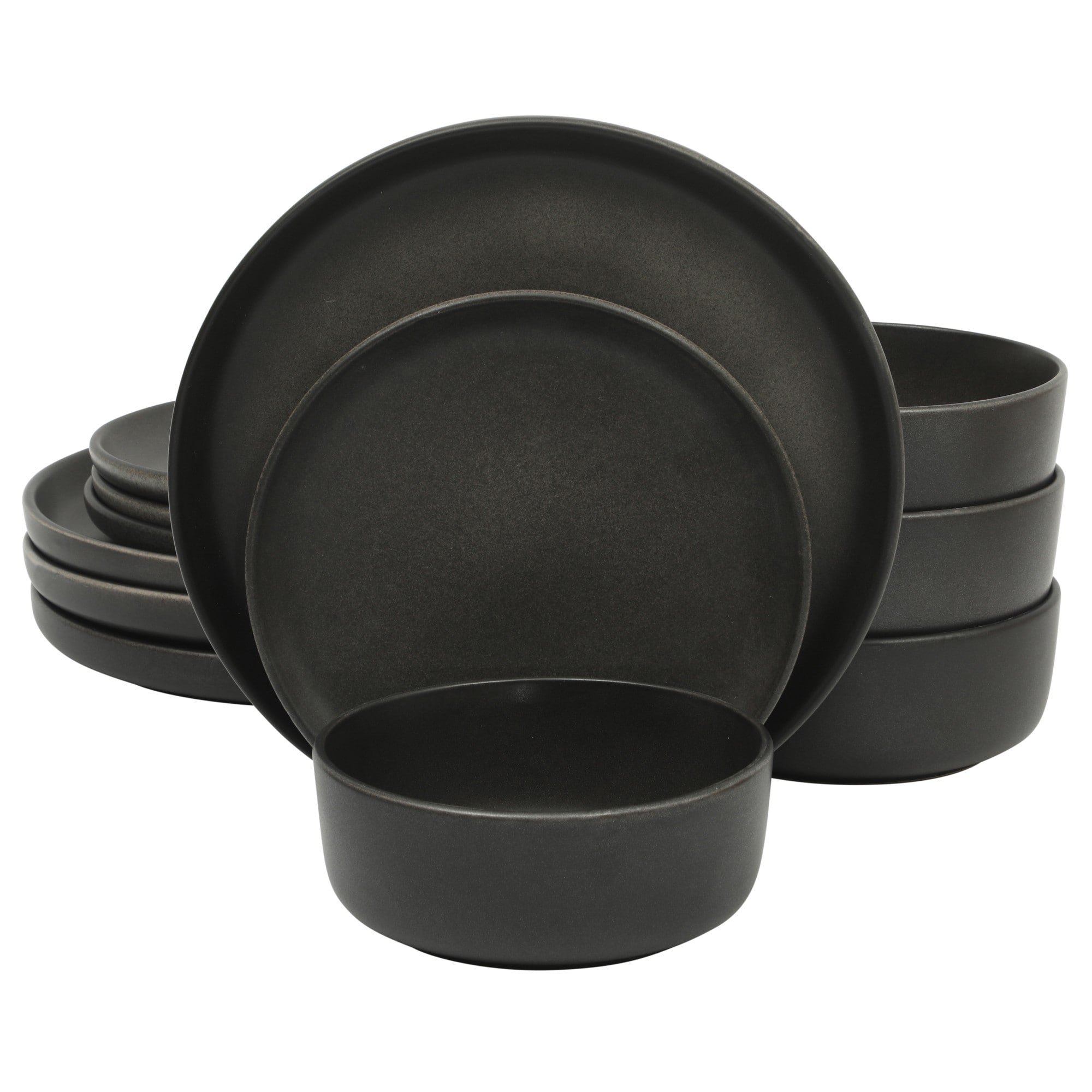 Gibson Elite 144987.12R Pasco 12 Piece Service for 4 Plates and Bowls Reactive Glaze Dishes Stoneware Ceramic Dinnerware Set - Black