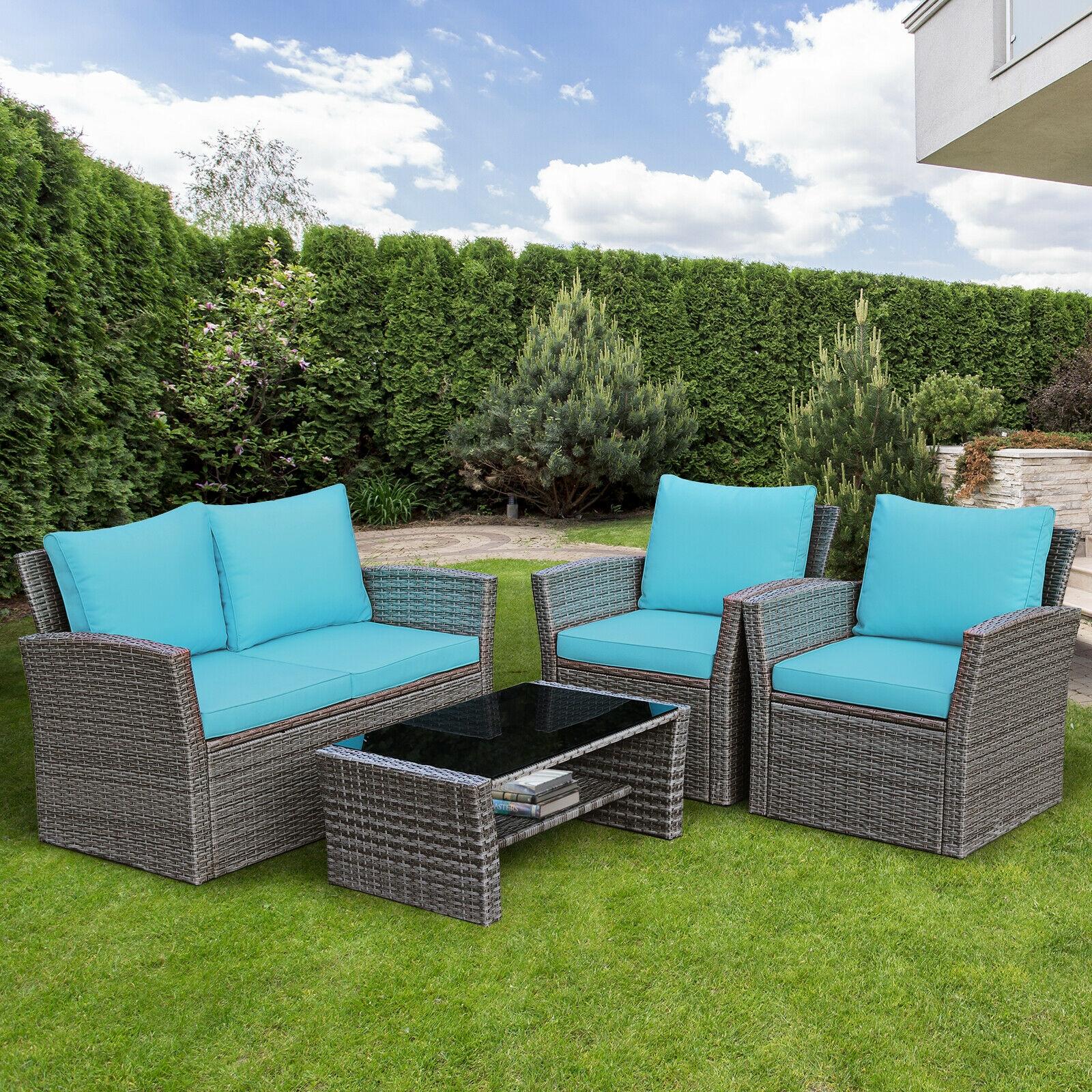 BABOOM BOM-41ATU+-CO 4 -Piece Rattan Patio Conversation Set with Blue Cushions