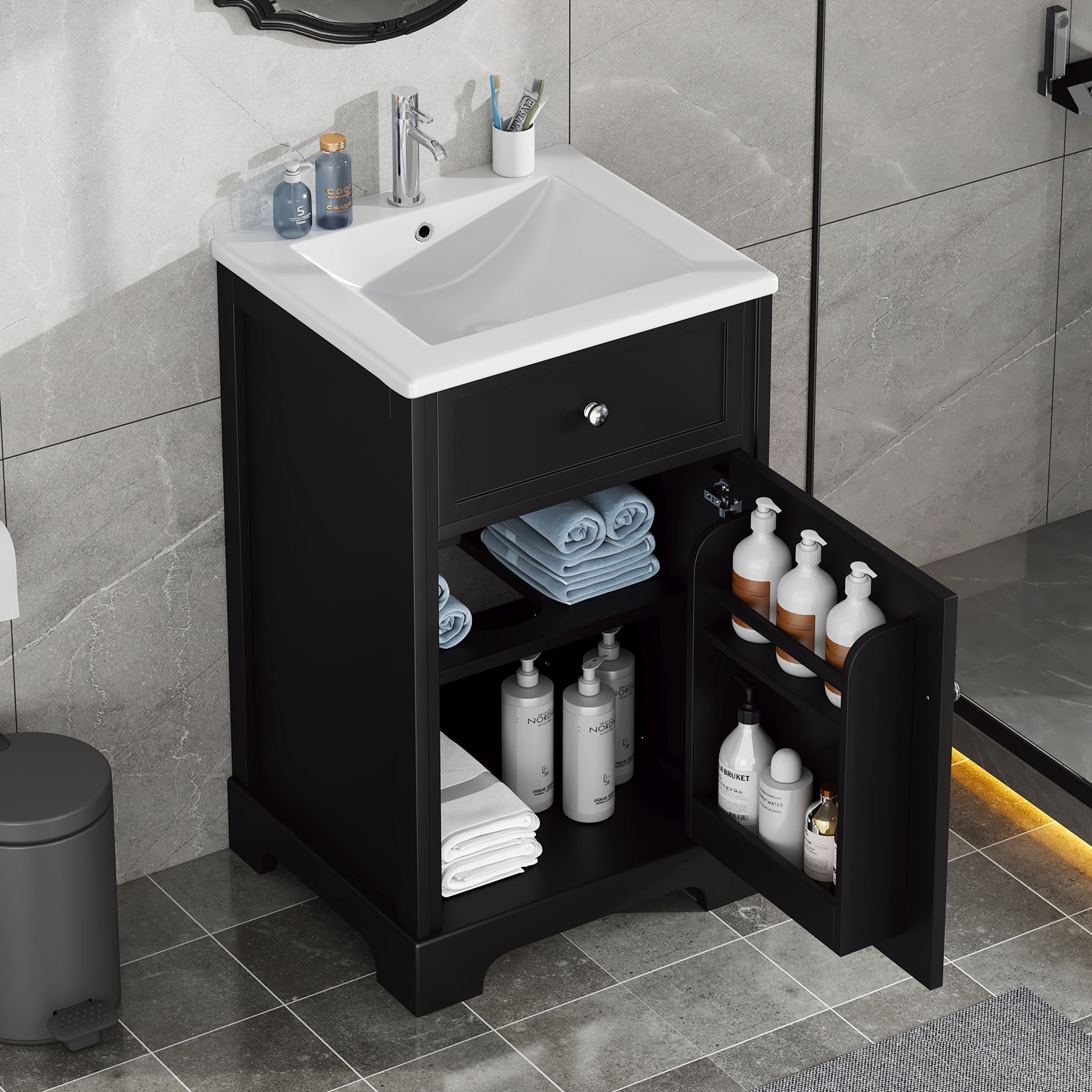 GDFStudio 329794 20 inches Bathroom Vanity with Sink Bathroom Cabinet with Soft Closing Door Storage Rack and Adjustable Shelve Black