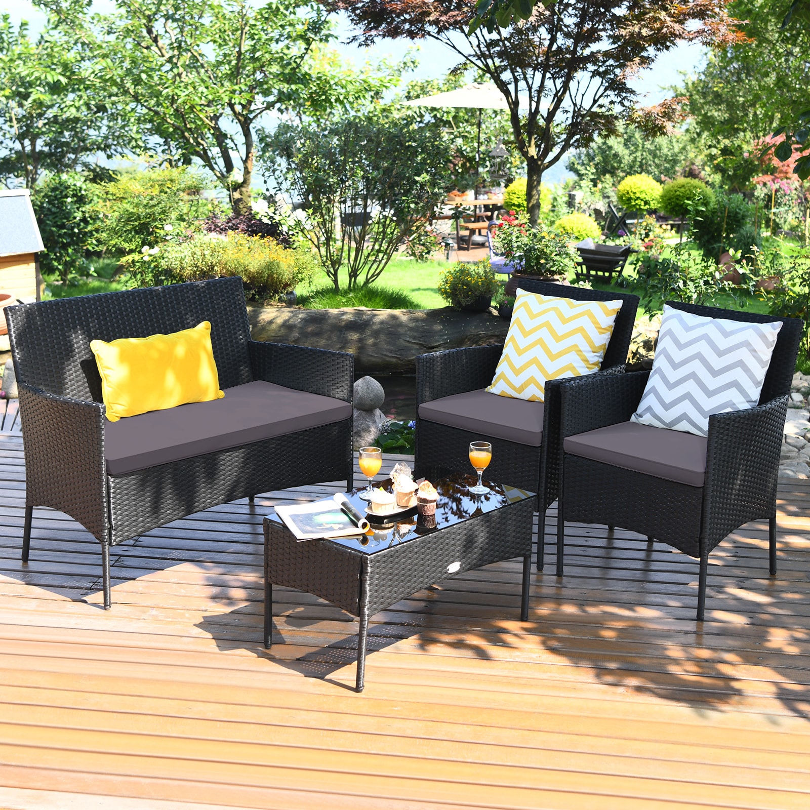 Forclover CRF-4PS7705WH Ch Rattan Wicker Patio Conversation Set 4-Piece Rattan Patio Conversation Set with Gray Cushions