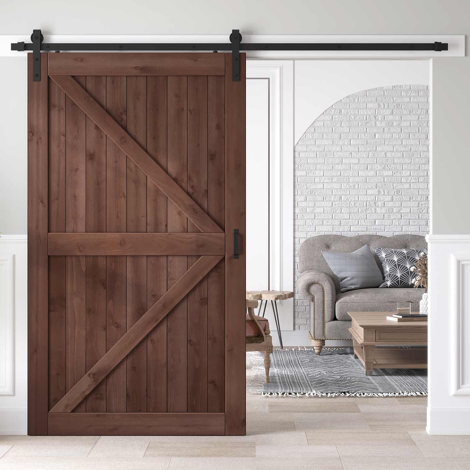 Phewnyzo  48x84 inch Sliding Barn Wood Door Slab with 8 foot Hardware Kit and Handle Coffee K Shape Simple DIY Assembly durable home and garden