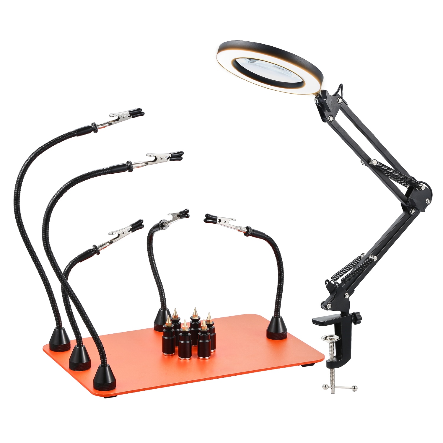 VEVOR Magnetic Helping Hands Soldering Station 2-In-1 Third Hand Soldering Tool - 3X LED Magnifying Lamp and 5 Flexible Arms 6 PCB Holders Heavy-Duty Base Station for Electronic Repair Craft Hobby
