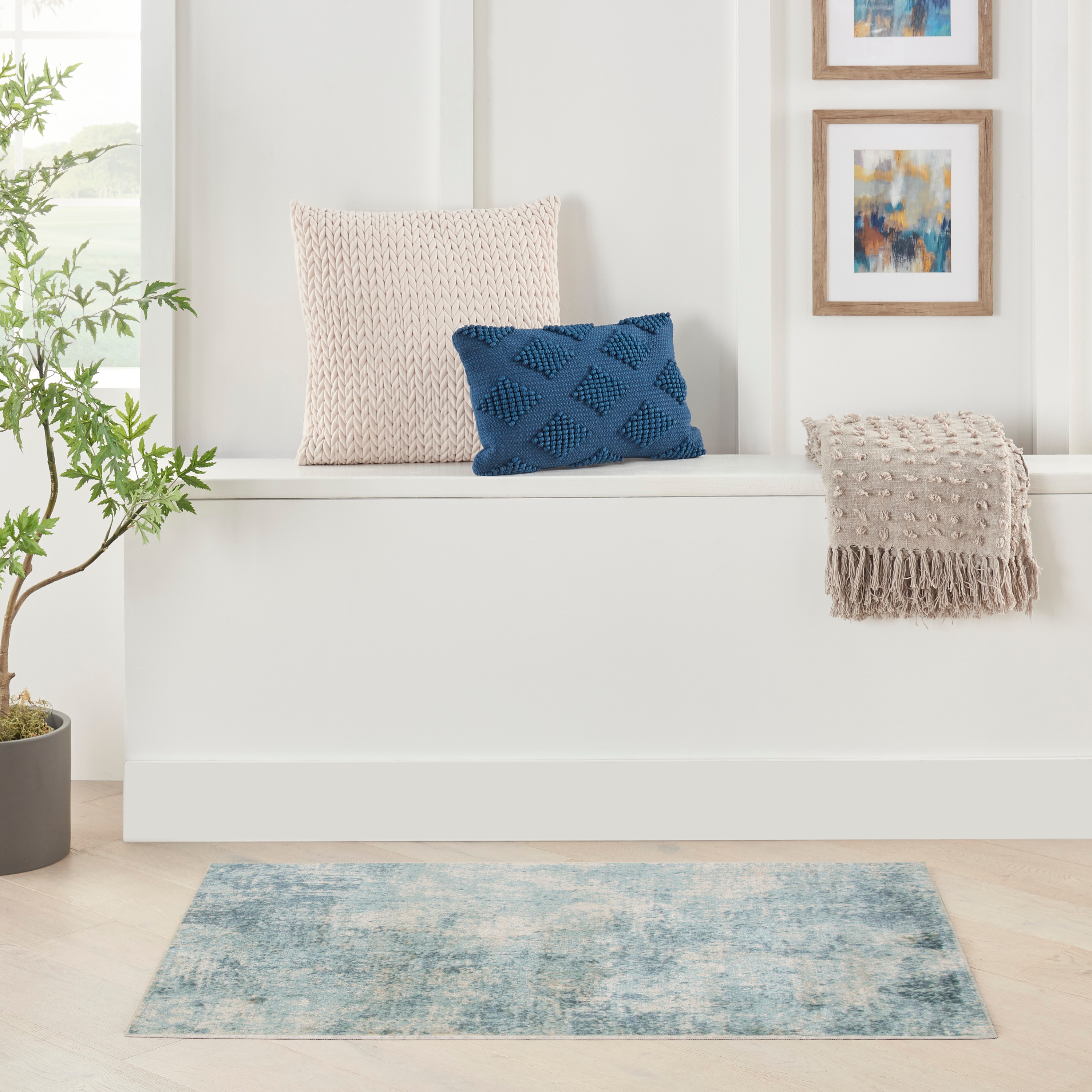 Nourison Home 099446944177 Astra Machine Washable 3 x 5 (ft) Loomed Polyester Blue Ivory Rectangular Indoor Abstract Mid-Century Modern Machine washable Area rug