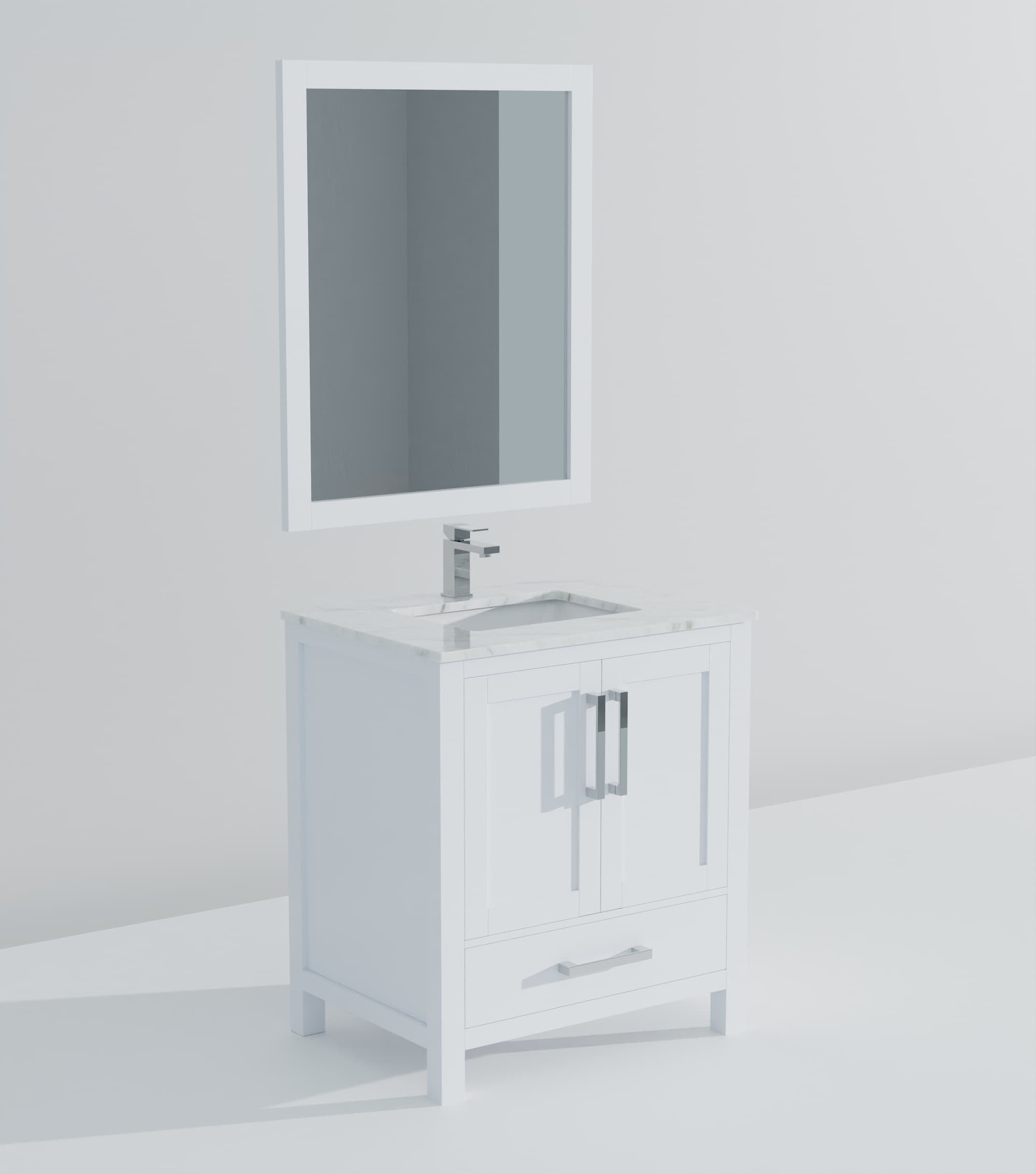 White 30" Vanity with Marble Top, Sink, Mirror, and Faucet
