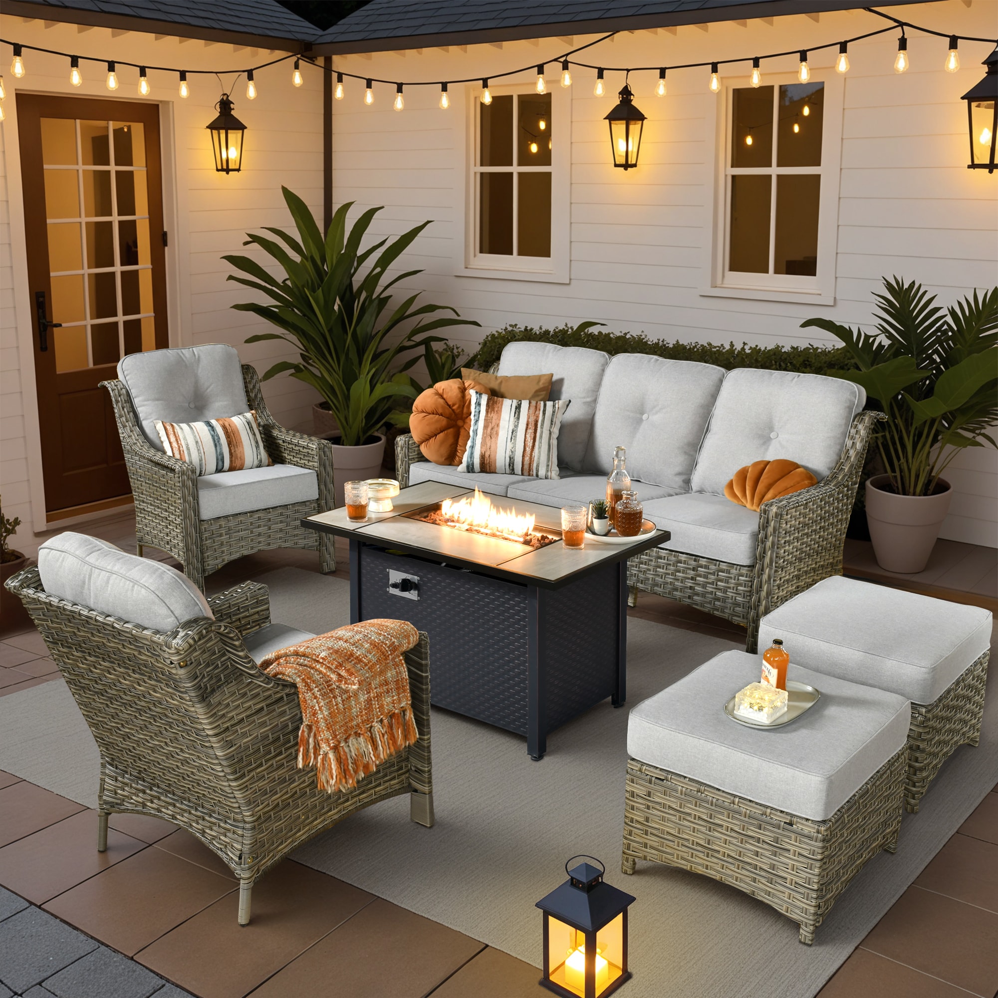 Pouuin SDFPAD406 6 -Piece Wicker Patio Sofa Conversation Set with Gray Cushions