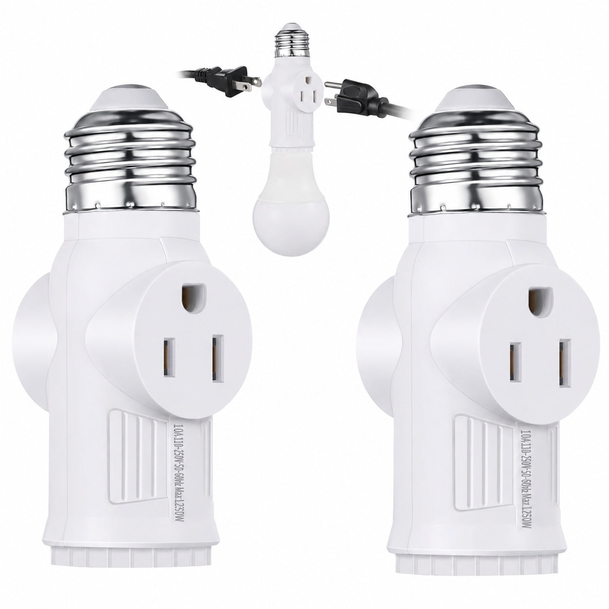 Lukvuzo 2 pcs Light Socket to Plug Adapter E26 to Three Prong Outlet Converter Screw In Socket Splitter for Garage Porch Workshop Basement White #LLU0718L083