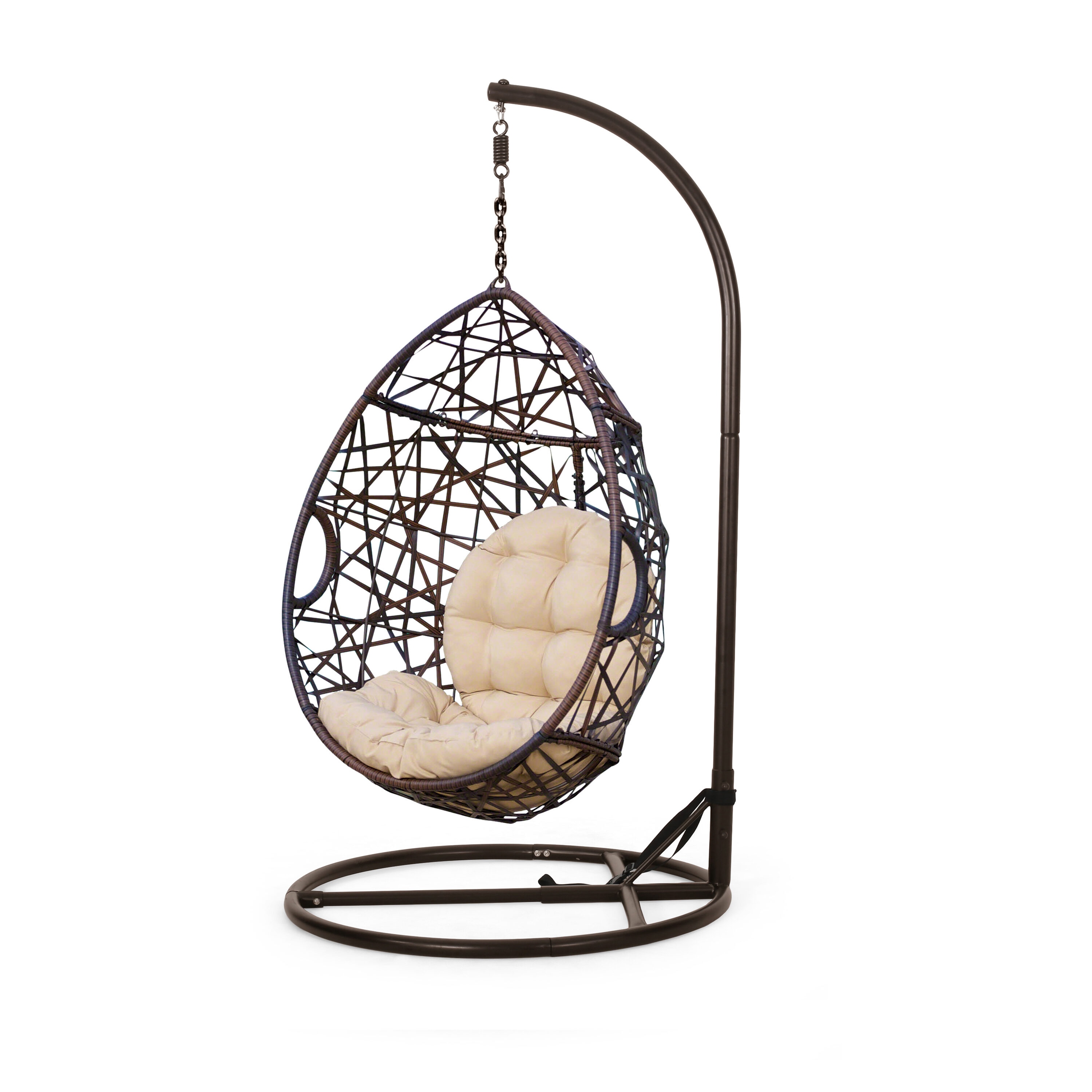 Best Selling Home Decor 239197 Cayuse Rattan Brown Iron Frame Hanging Rocking Chair with Off-white Water resistant fabric Cushioned Seat