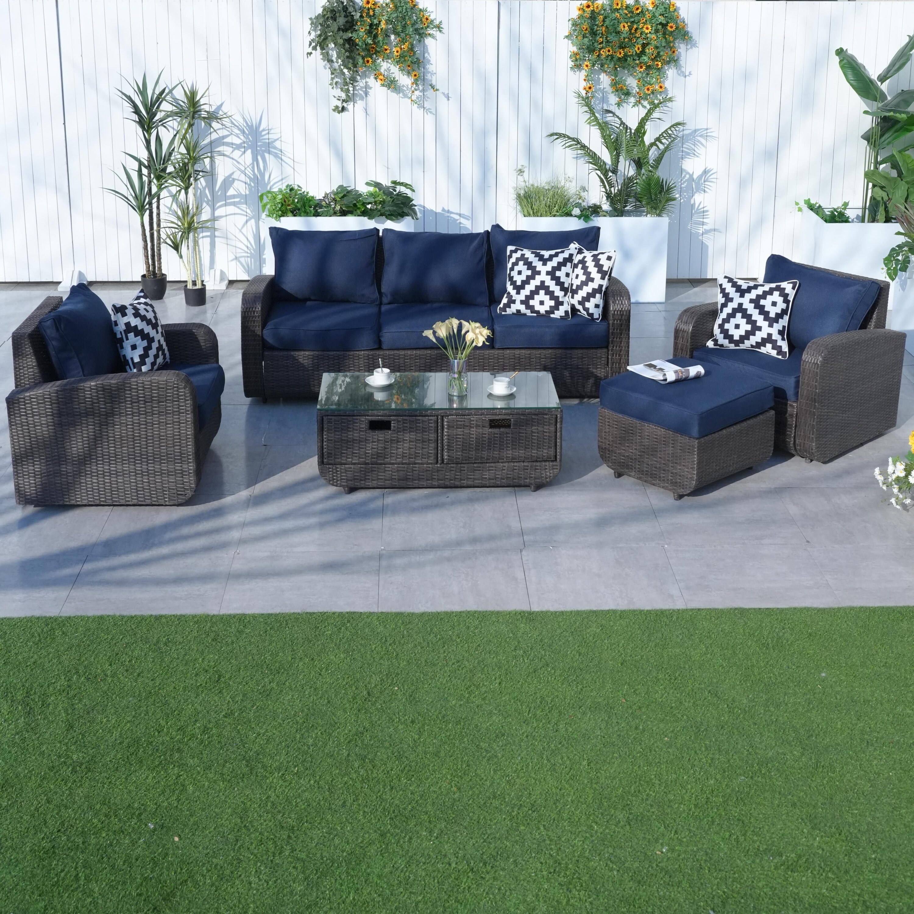 Direct Wicker DWS-1515BR-BLUE 5 -Piece Wicker 3 Patio Sofa Conversation Set with Blue Cushions