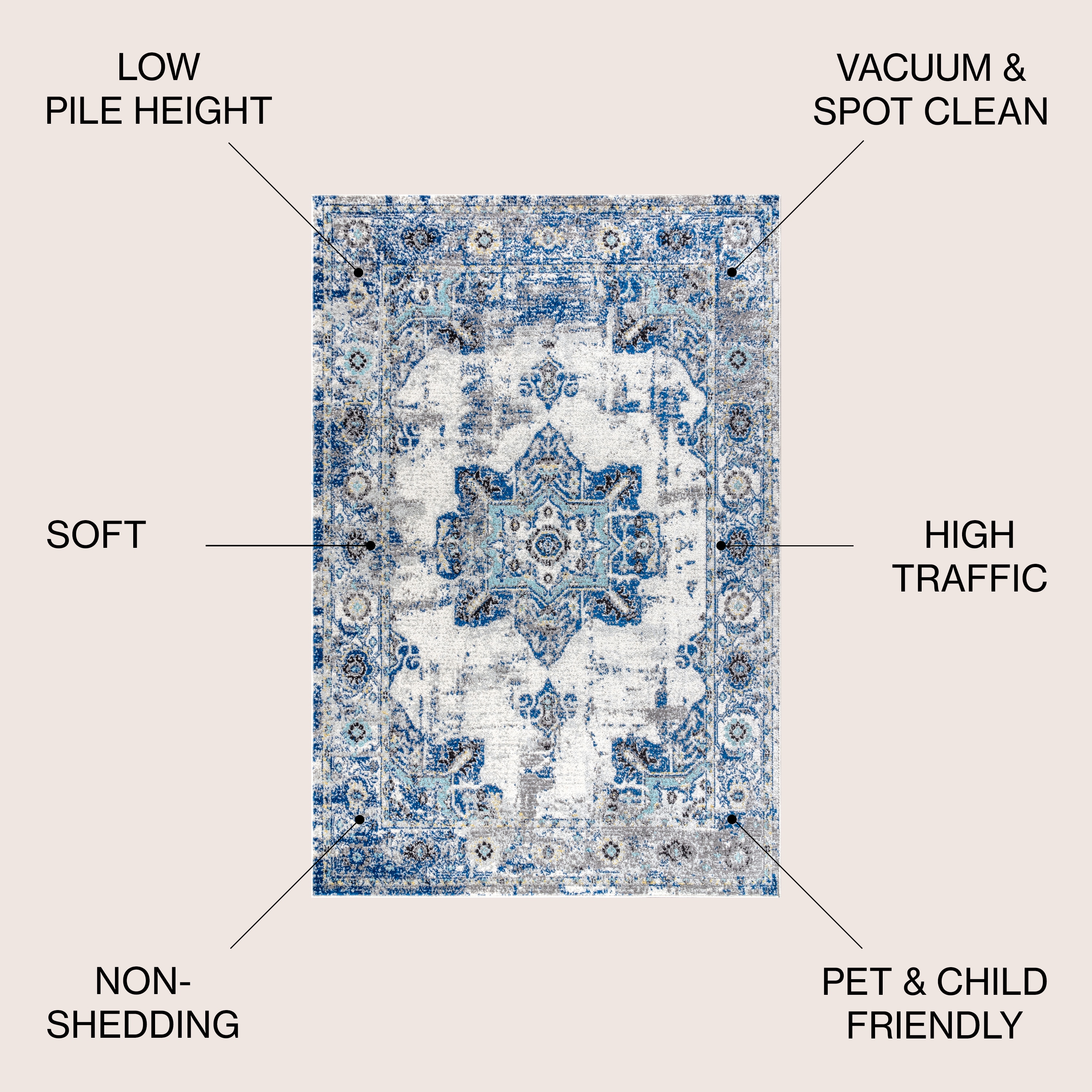 Ivory and Blue Persian Boho Vintage Medallion Area Rug