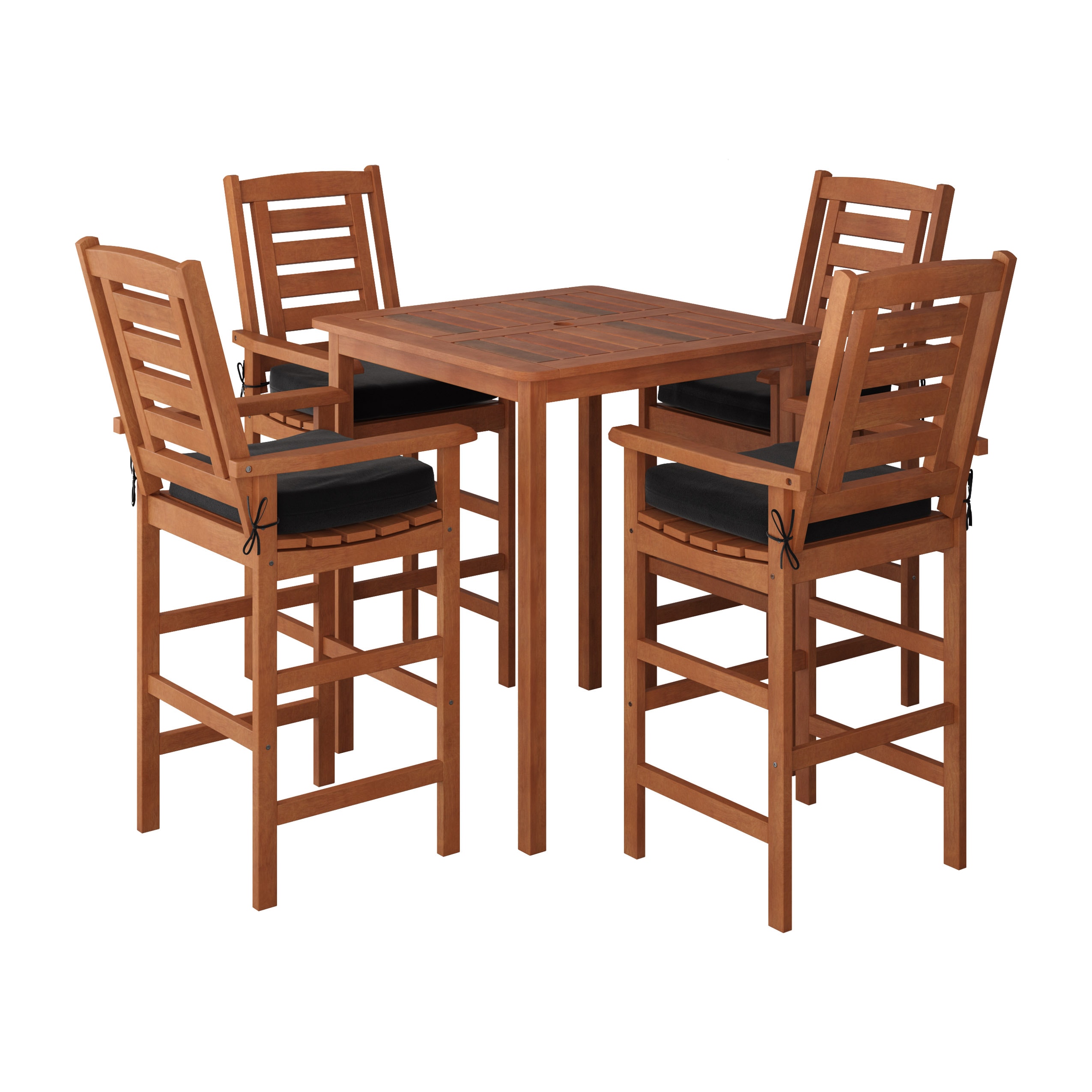 CorLiving PEX-263-Z Miramar 5 -Piece Cinnamon Brown Bistro Patio Dining Set Wood Square Table with 4 Black Cushions Stationary Chairs
