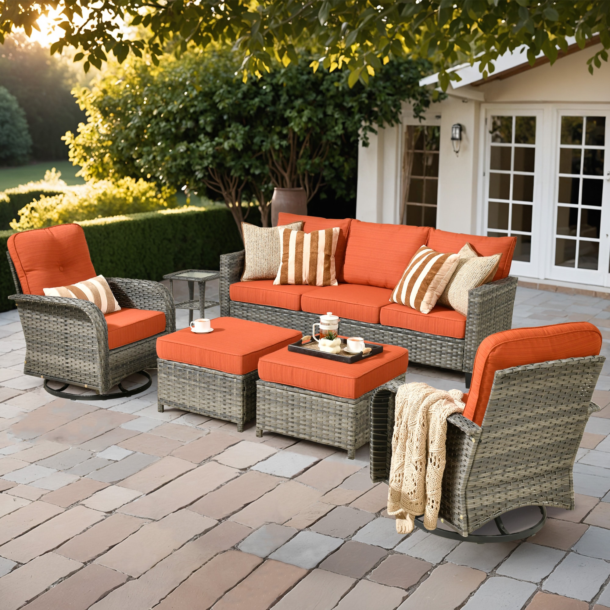 Ovios NGRS-806YG 6 -Piece Rattan Patio Sofa Conversation Set with Orange Cushions