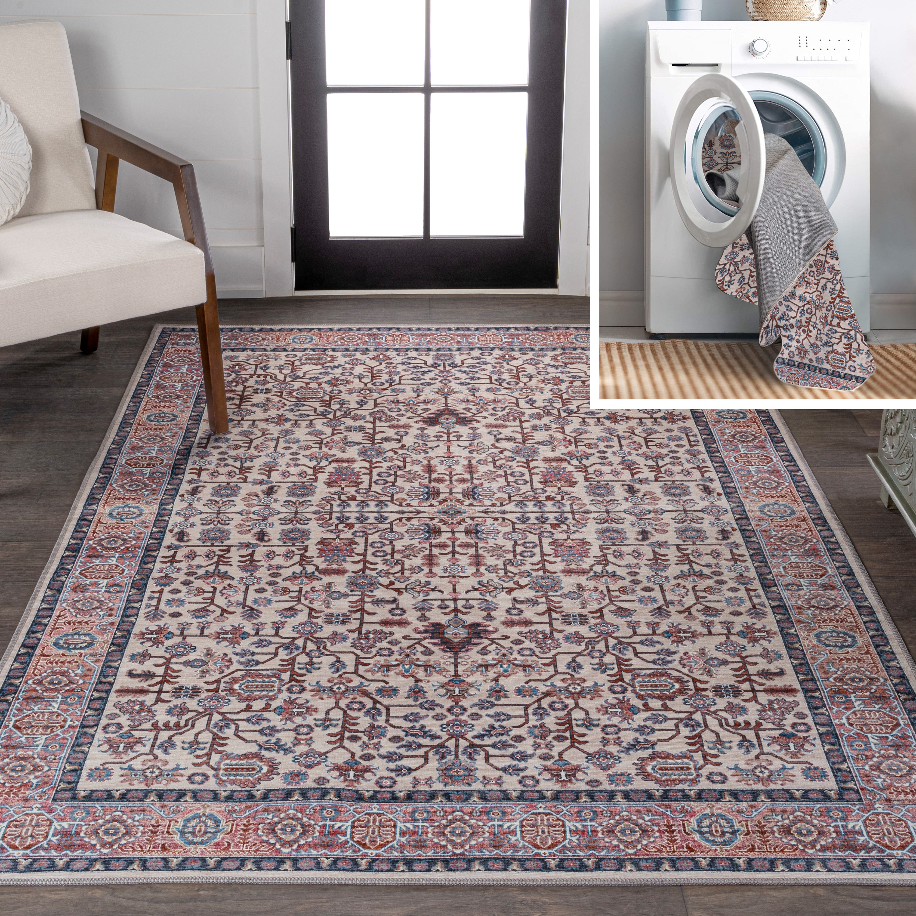 Kemer Persian Washable Chenille Beige/Red/Blue 3 ft. x 5 ft. Area Rug