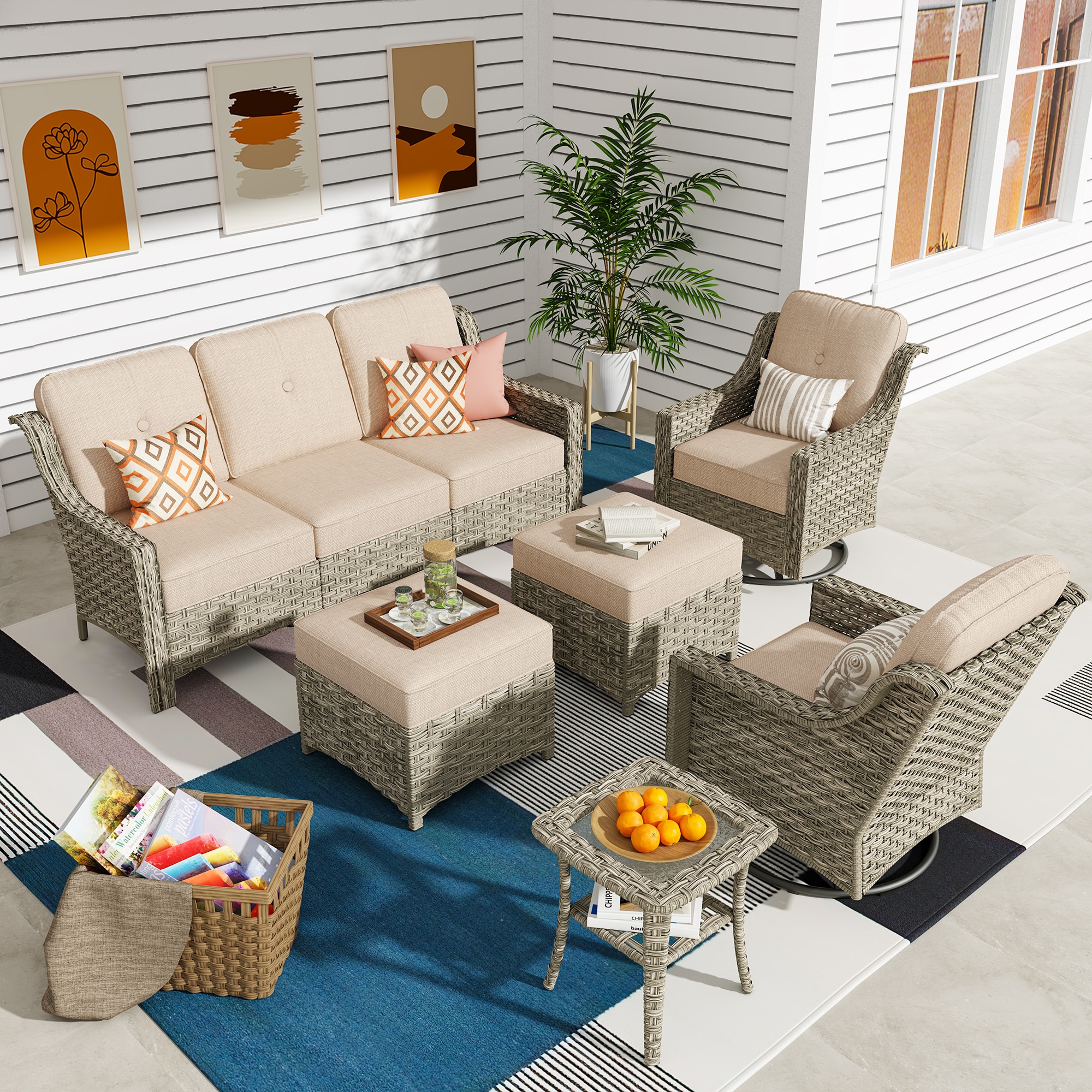 Ovios PD606Y 6 -Piece Wicker Patio Sofa Conversation Set with Beige Cushions