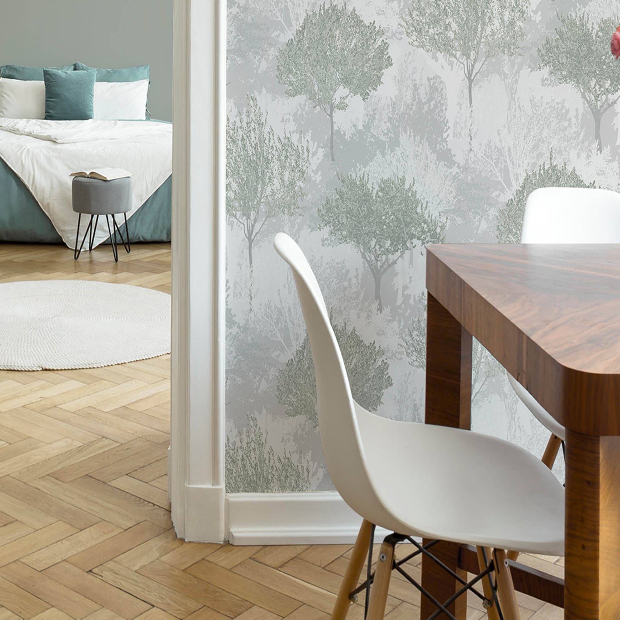 Sage and White Birch Tree Forest Wallpaper