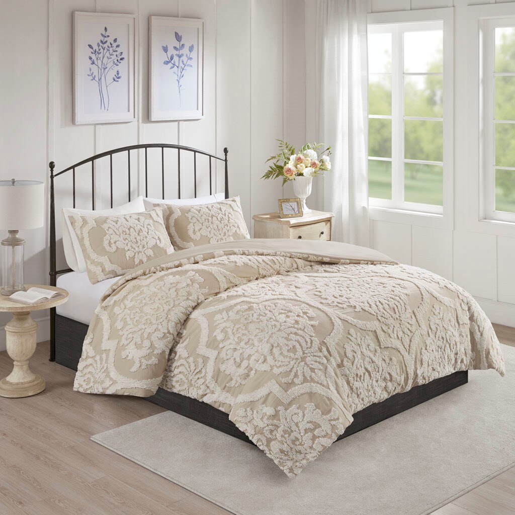 LUXEYARD Full/Queen 3 piece Tufted Cotton Chenille Damask Duvet Cover Set