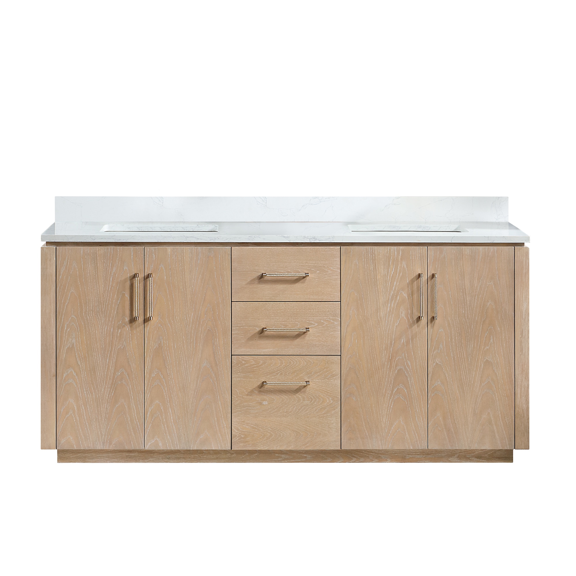 Vinnova 705772-WA-GW-NM San 84 in. Free-standing Double Bath Vanity in Fir Wood Brown with White Grain Composite Stone Top and Mirror