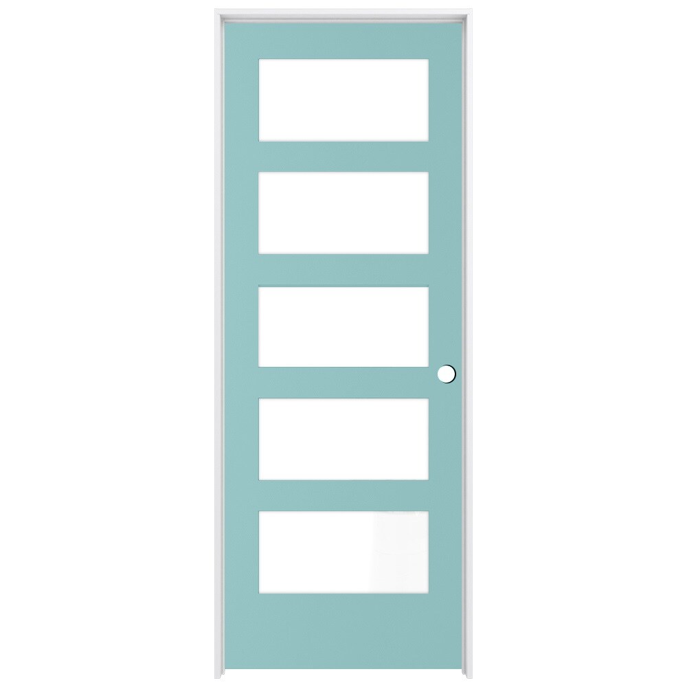 RELIABILT LO1370584 32-in x 80-in Sea Mist Solid core 5-panel equal Frosted glass Left hand Smooth Prefinished Pine Wood Flat Jamb Single Prehung Interior Door