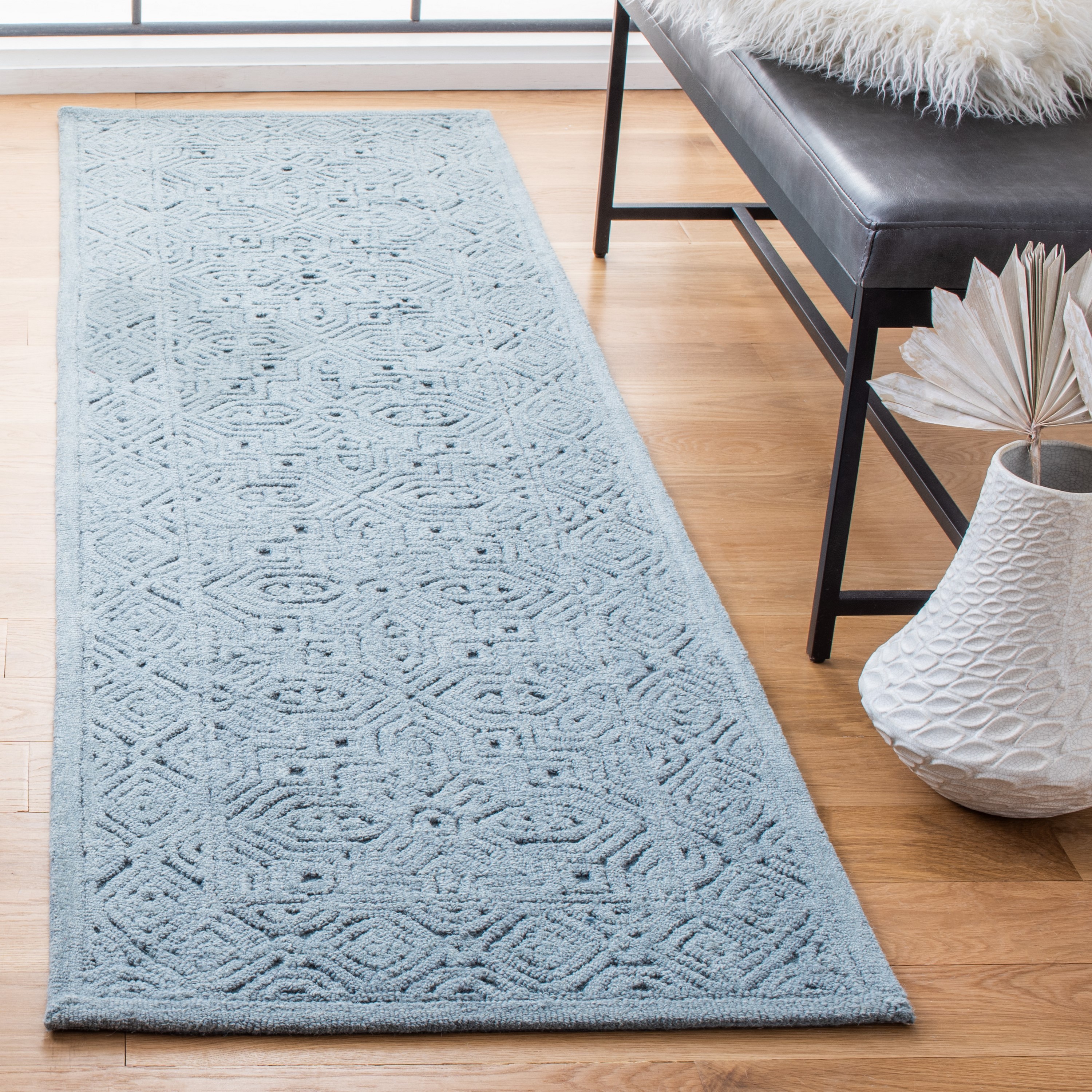 Hand-Tufted Geometric Blue Wool Runner Rug - 27in x 8in