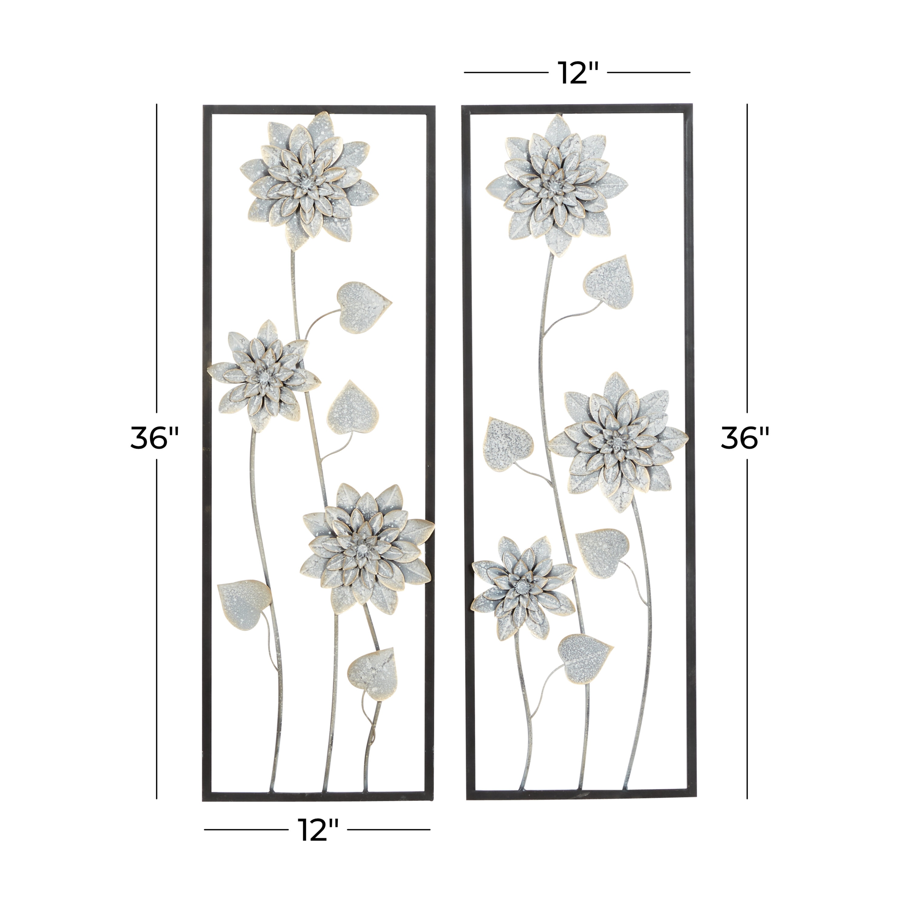 Gray Metal Floral Wall Sculpture with Black Frame, Set of 2