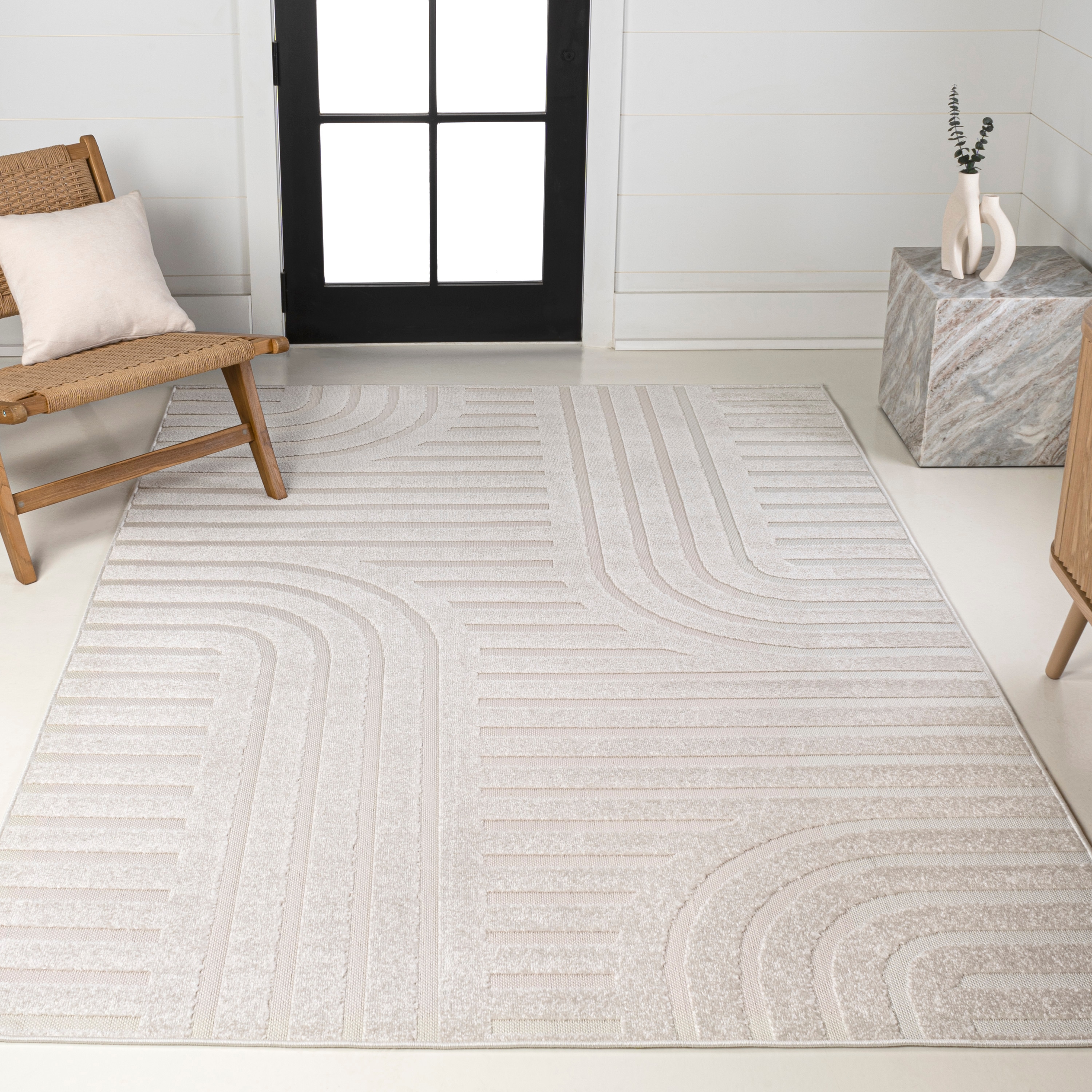 JONATHAN  Y SCN107B-5 SCANDINAVIAN Anders High-Low Arch 5 x 8 (ft) Loomed Polypropylene White/Cream Rectangular Indoor/Outdoor Stripe Bohemian/Eclectic Area rug