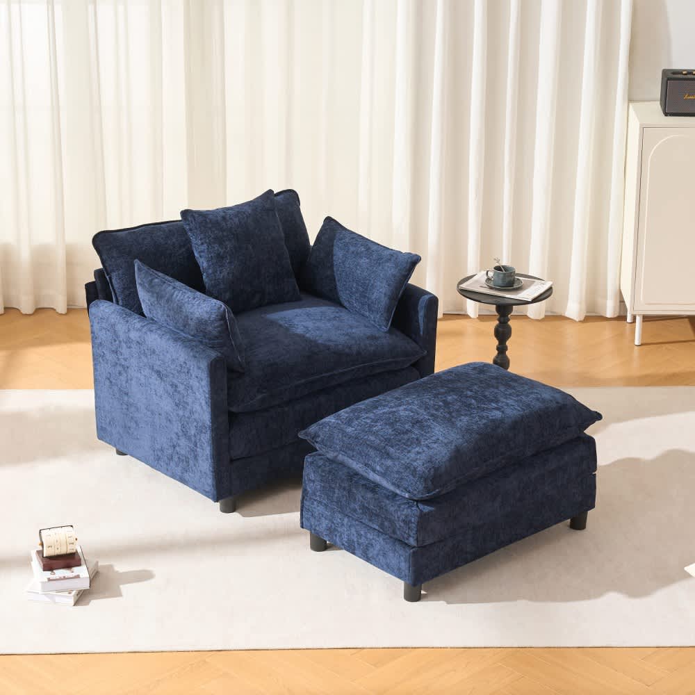 Coolbibila - Modern Oversized 39 Inch Blue Chenille Accent Chair with Ottoman Reading Lounge Armc...
