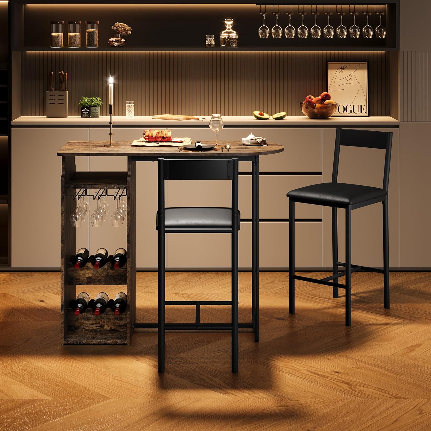 Garvee Vintage Pub Table and Chairs Set for 2-Triple-Tier Wine Rack and Hanging Glass Holder/ Velvet Stools for Small Space/ Brown