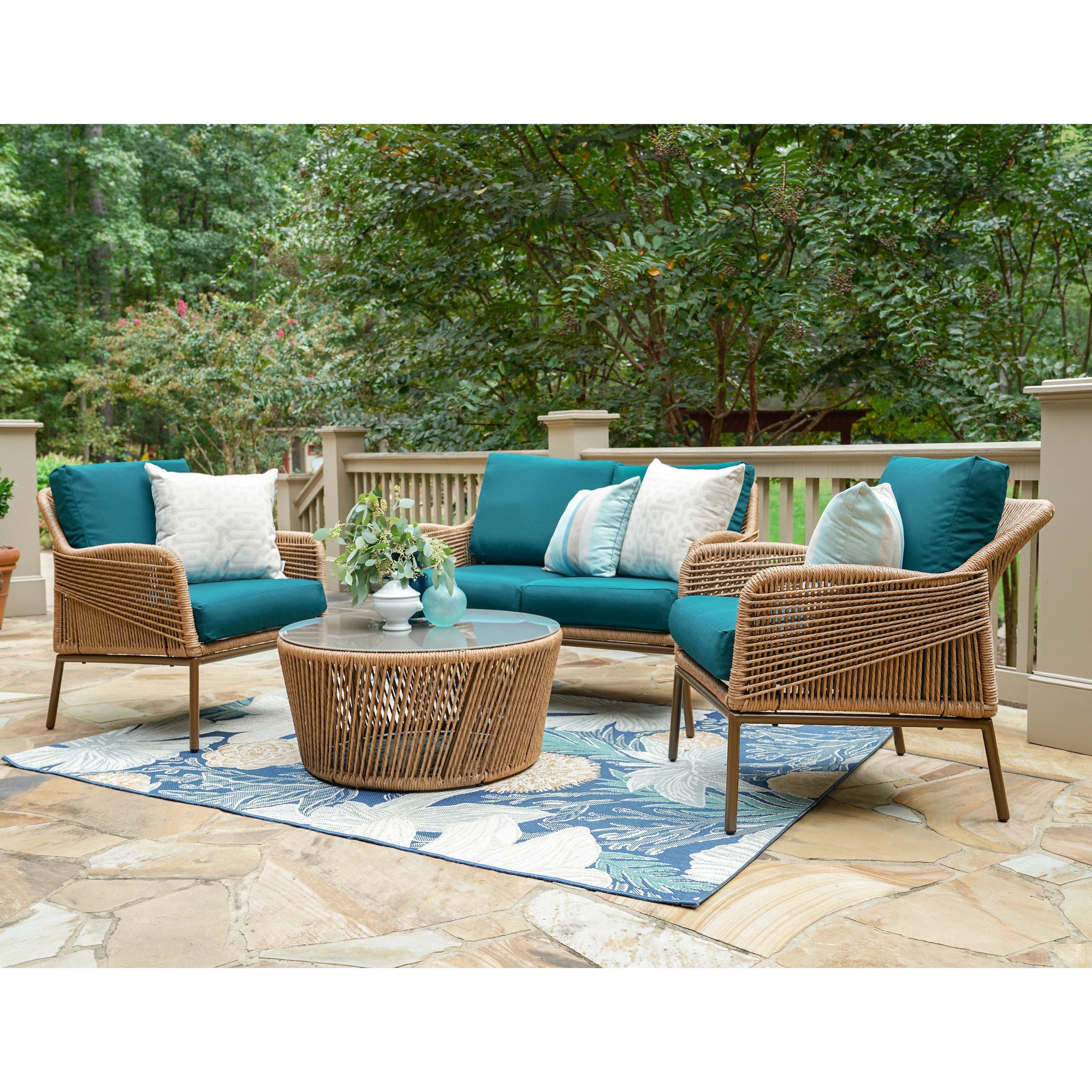 Leisure Made 199625-PEA Terrell 4-Piece Wicker Patio Conversation Set with Blue Cushions