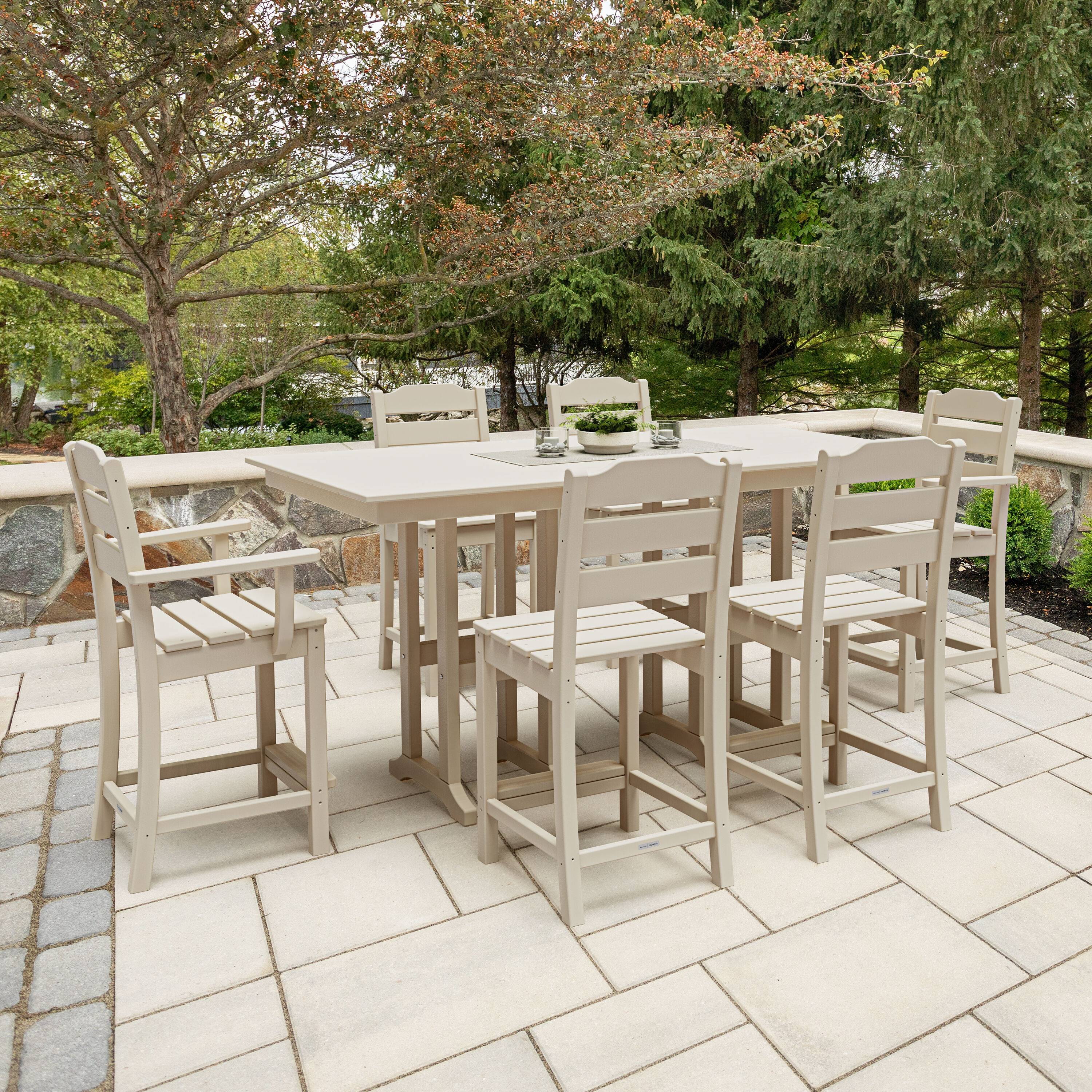 POLYWOOD PWS2537-1-SA Oakport 7 -Piece Sand Balcony Height Patio Dining Set Plastic Rectangle Table with 6 Stationary Chairs