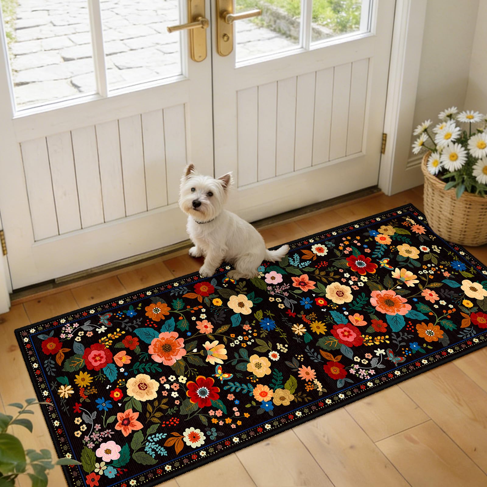 OMOMMD - Black Washable Boho Floral Area Rugs Non Slip Low Pile Soft Pet Friendly 2ft x 5ft