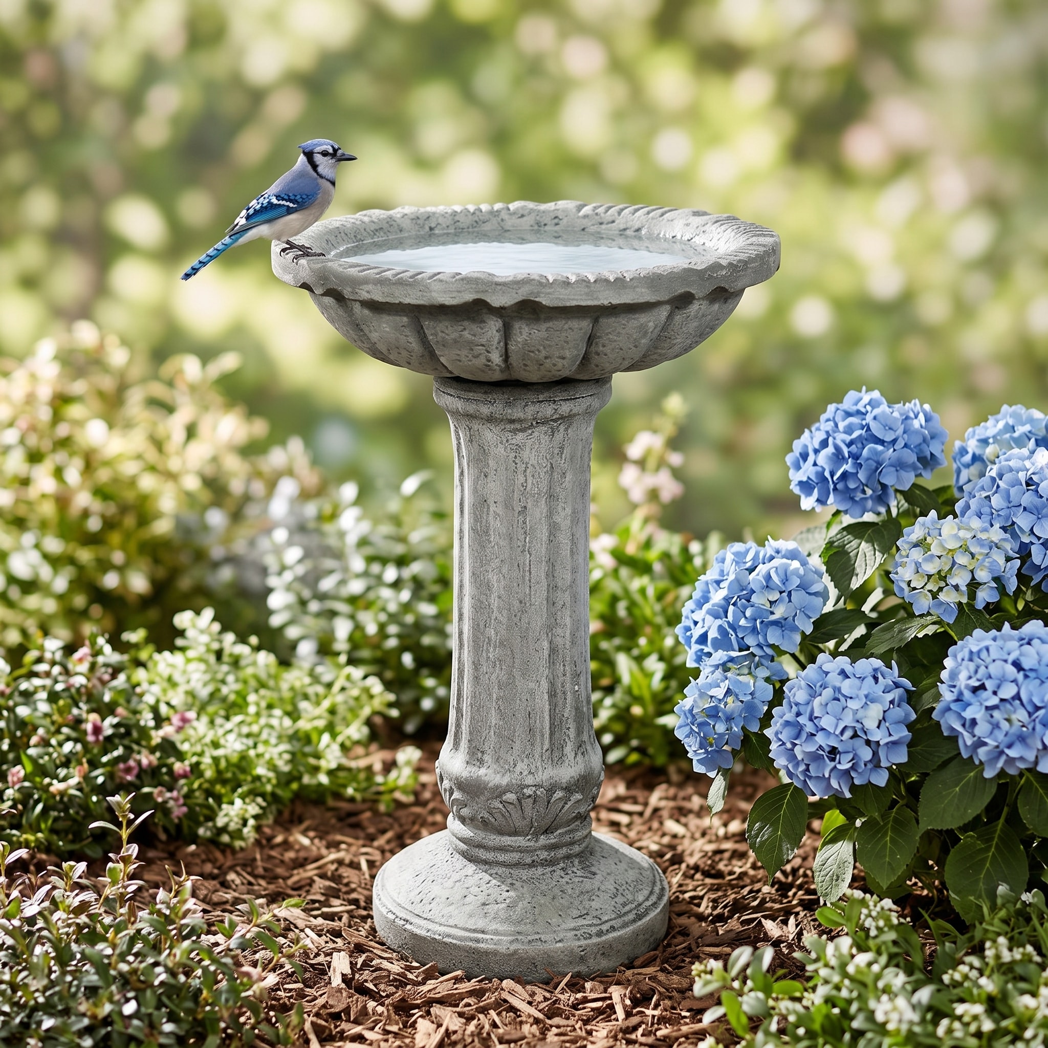 Watnature -  23.8inch High Outdoor Bird Bath Vintage Fluted Column Birdbath with Scalloped Bowl H...