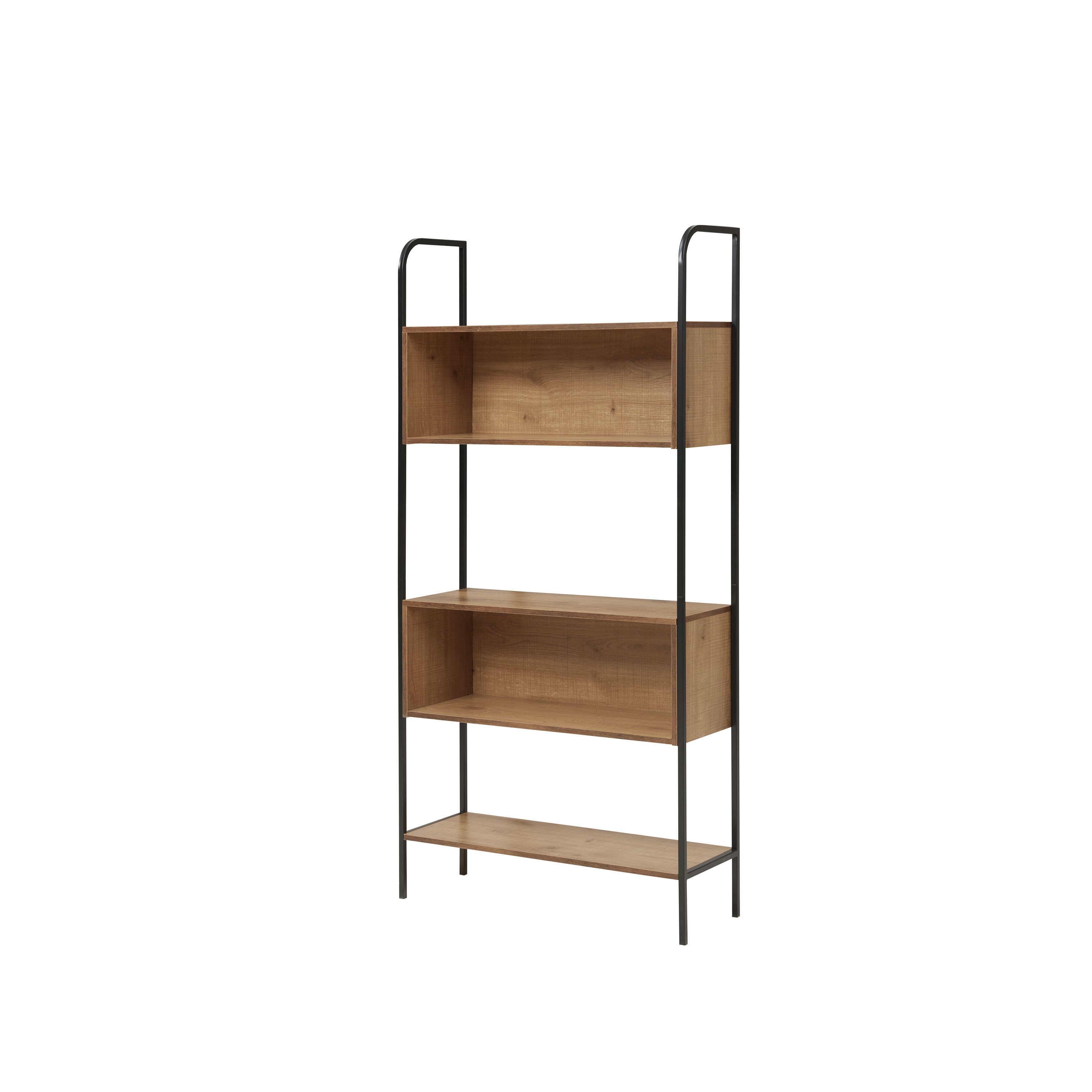 Distressed Oak and Black Metal 67" Bookcase with Cubes