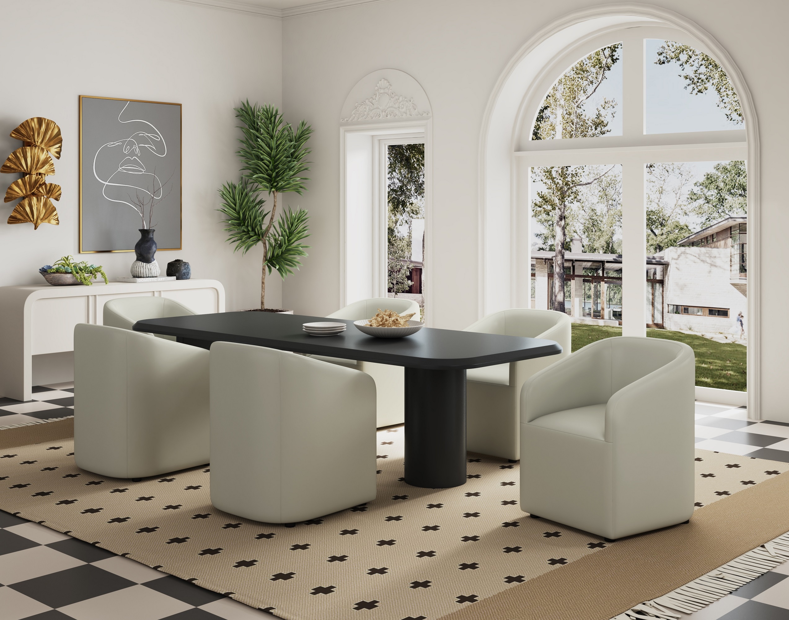 Manhattan Comfort 2-DC059AR-ST Set of 2 Contemporary/Modern Faux Leather Upholstered Dining Arm Chair (Wood Frame)