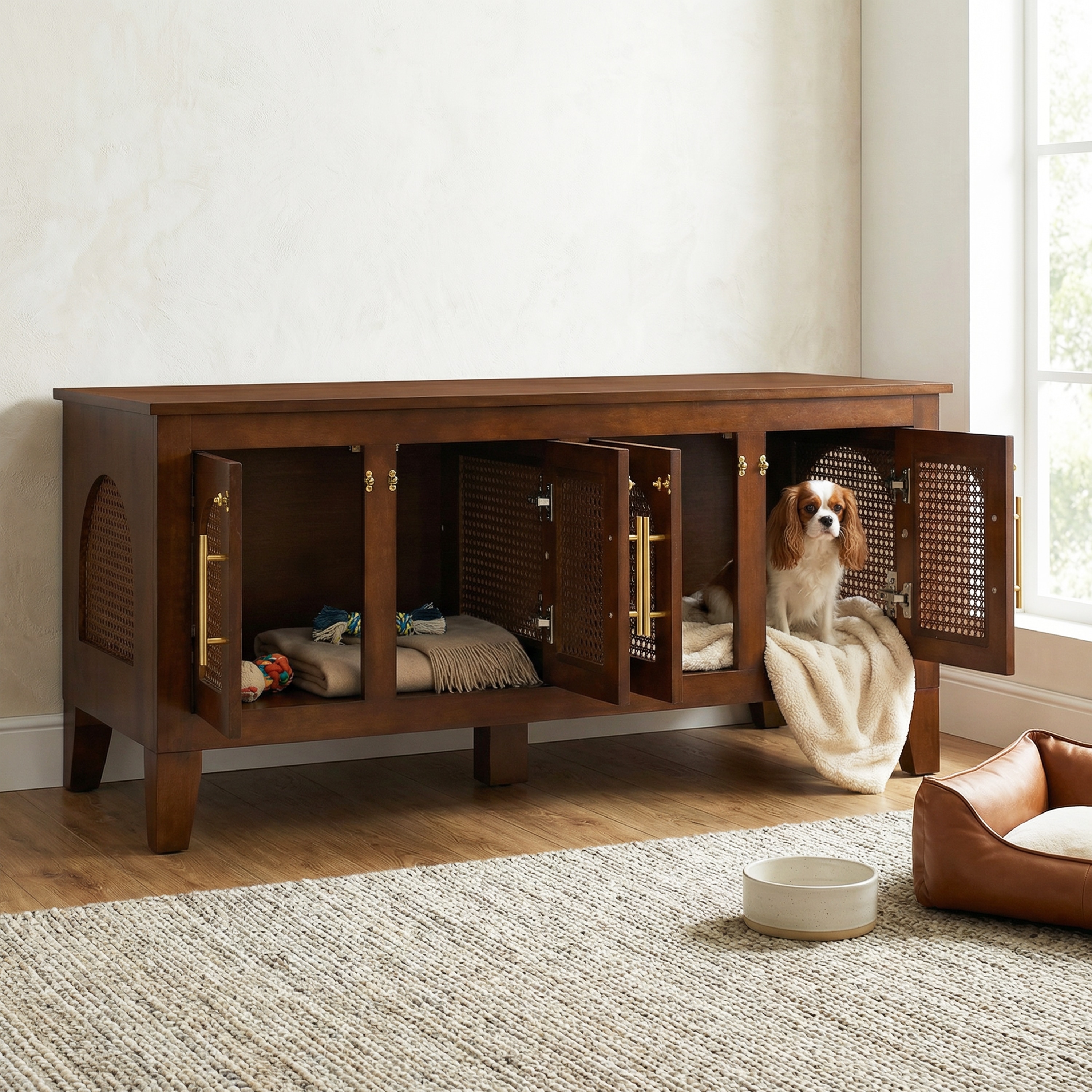 Roomfitters  Indoor Dog Crate Furniture Sideboard Pet Kennel End Table with Rattan Doors Walnut