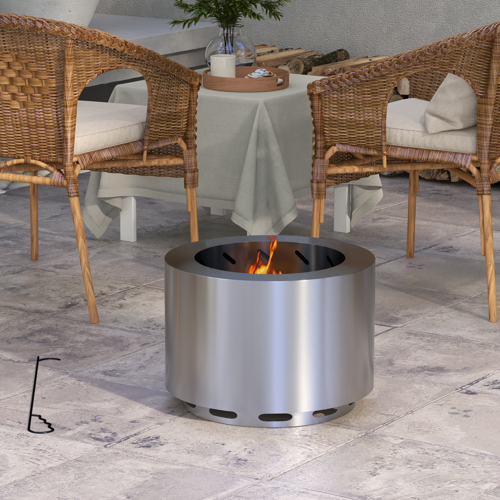 Silver Stainless Steel Smokeless Wood Burning Fire Pit with Poker