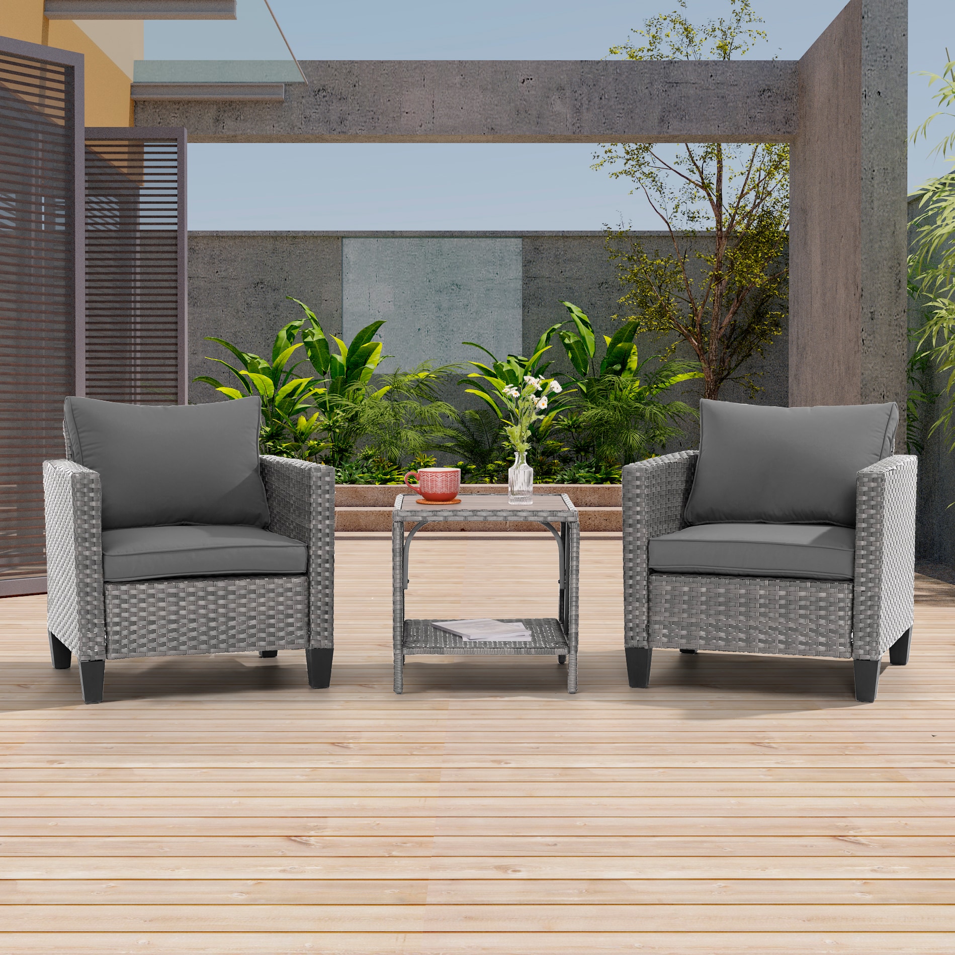 ACEGOSES LW-S1HGY 3 -Piece Wicker Patio Conversation Set with Gray Cushions
