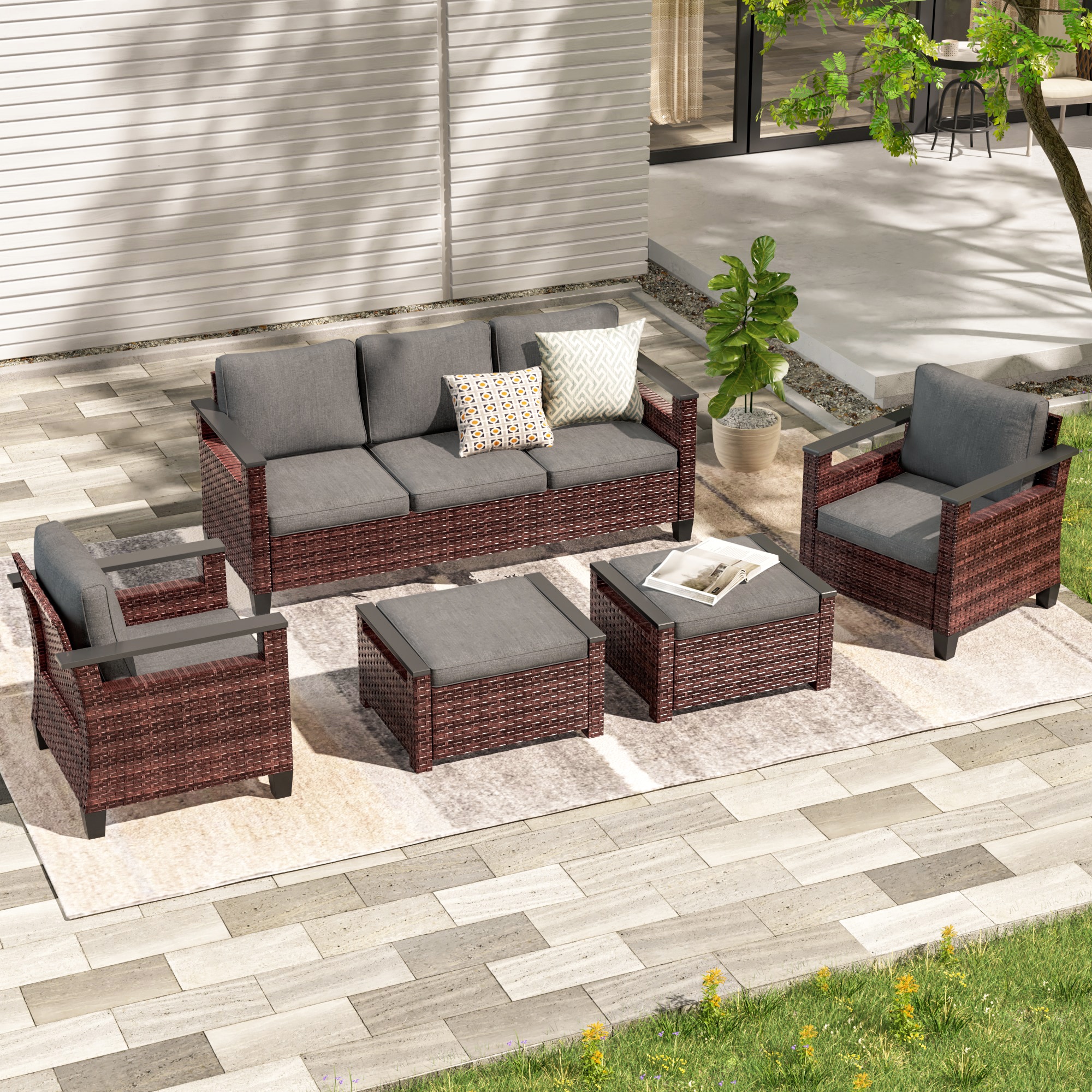 Sonkuki SD-PS-126BGY Patio Conversation Set 5 -Piece Wicker Patio Sofa Conversation Set with Gray Cushions