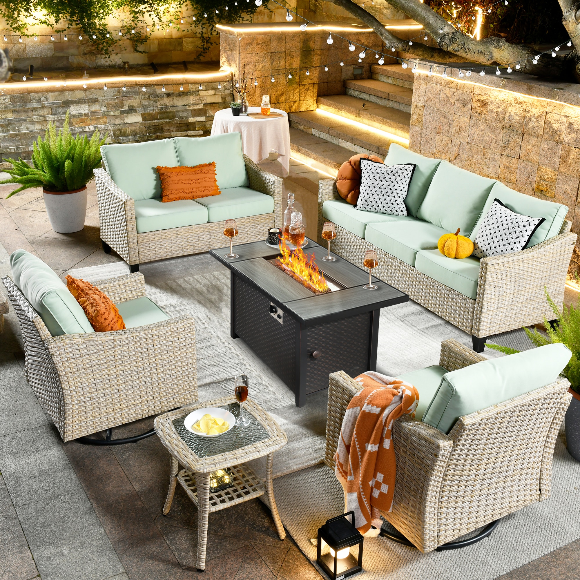 weaxty HMBCFP03-YZLDAR906 Athena 6-Piece Rattan Patio Sofa Conversation Set with Green Cushions