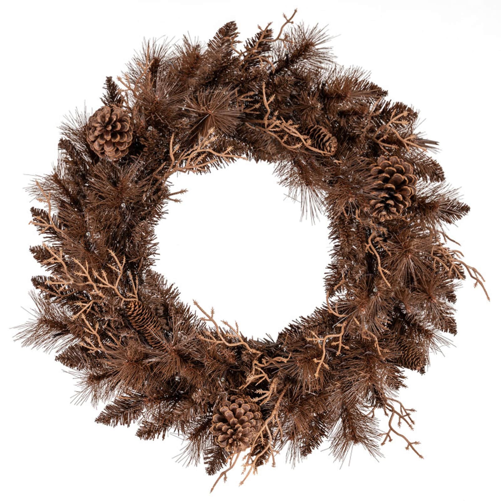 SUGIFT 24-in Pre-lit Christmas Wreath with 105 Brown Branch Tips 35 Warm White LED Lights and 6 Pine Cones Battery Operated with 6-Hour Timer Waterproof Battery Box Flame-Retardant PE and PVC Winter Twig Wreath for Front Door Wall Window Holiday Decor