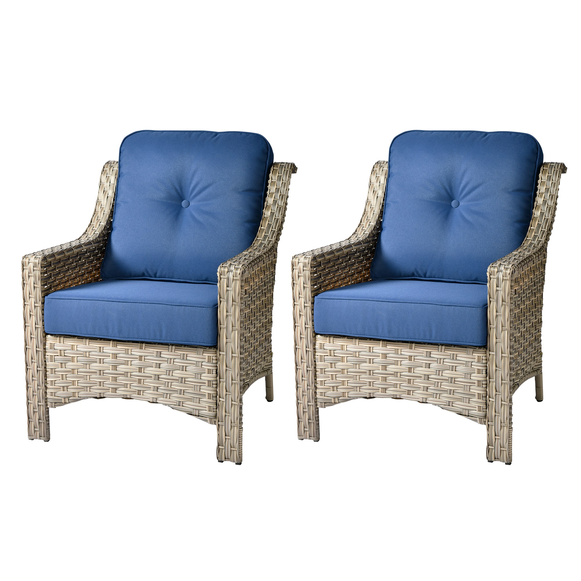 weaxty HMBPAD700-2 Aireno Set of 2 Rattan Stackable Black Steel Frame Stationary Conversation Chair with Blue Cushioned Seat